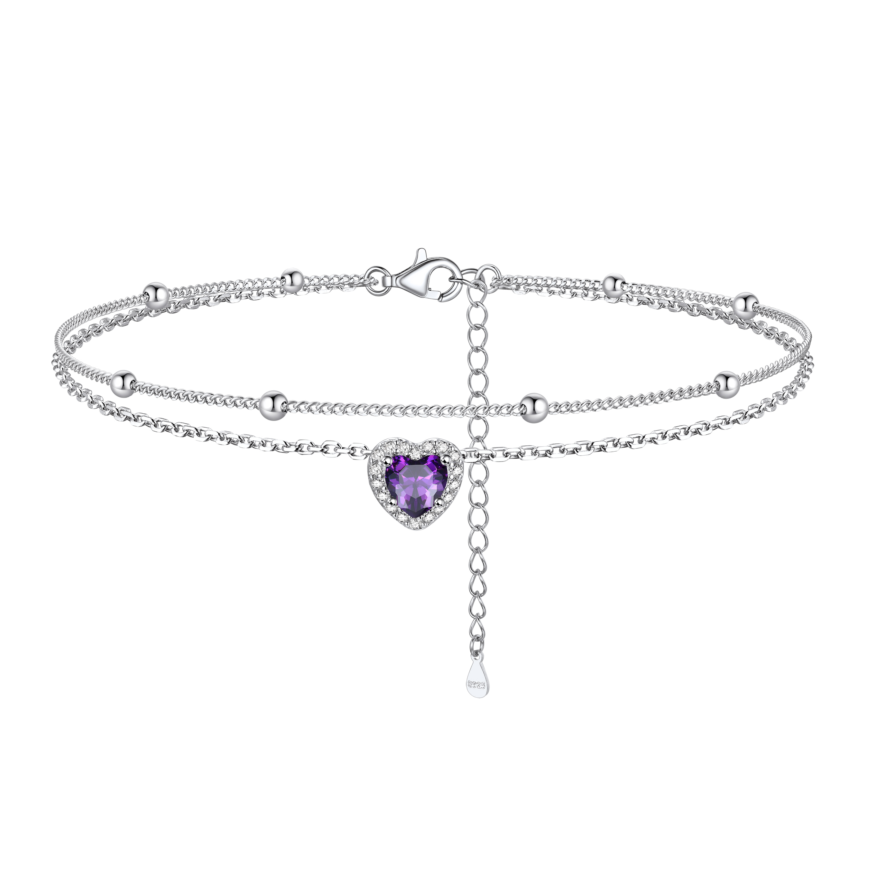 Adjustable Double-Layer Sparkling Heart Zircon Birthstone Ankle& Bracelet