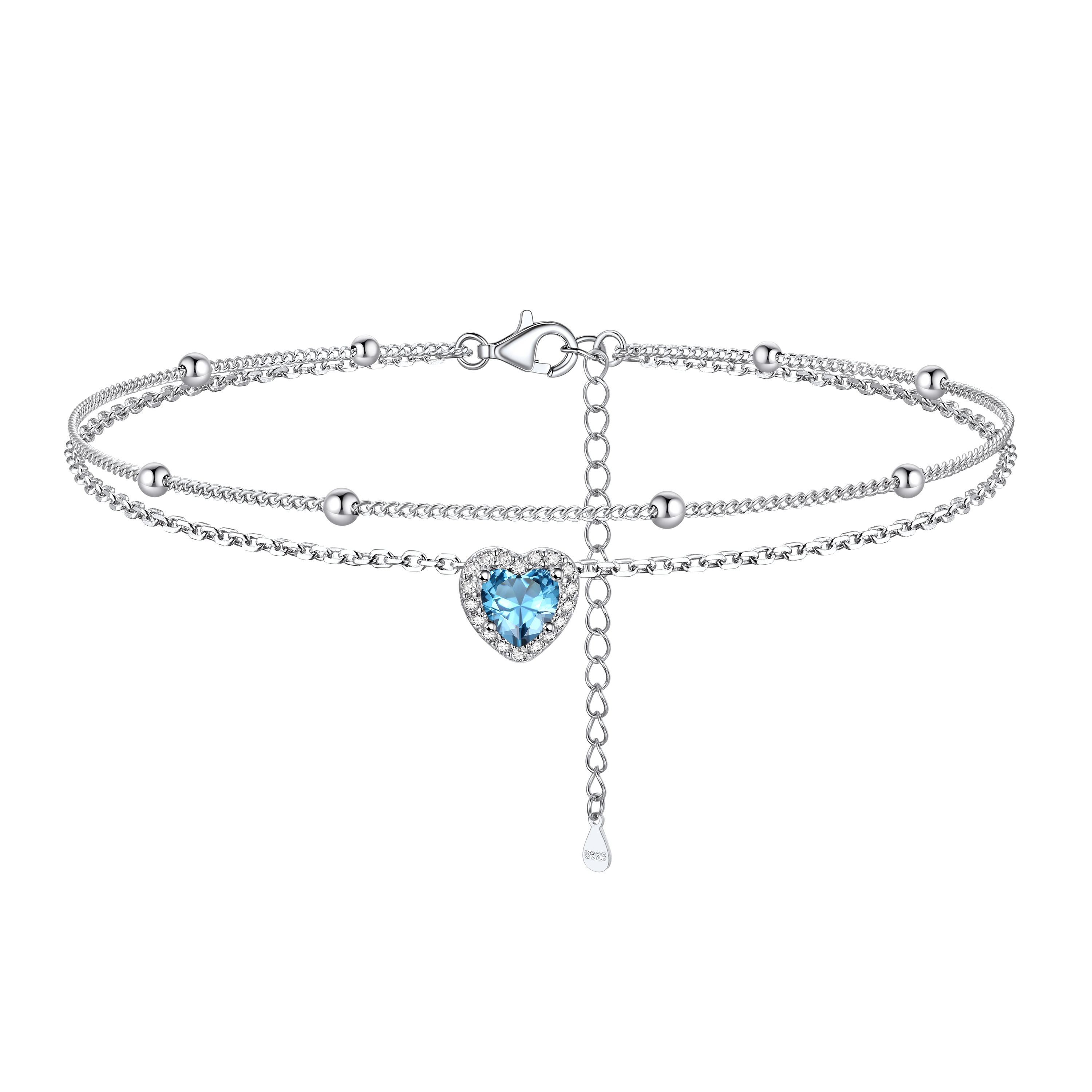 Adjustable Double-Layer Sparkling Heart Zircon Birthstone Ankle& Bracelet