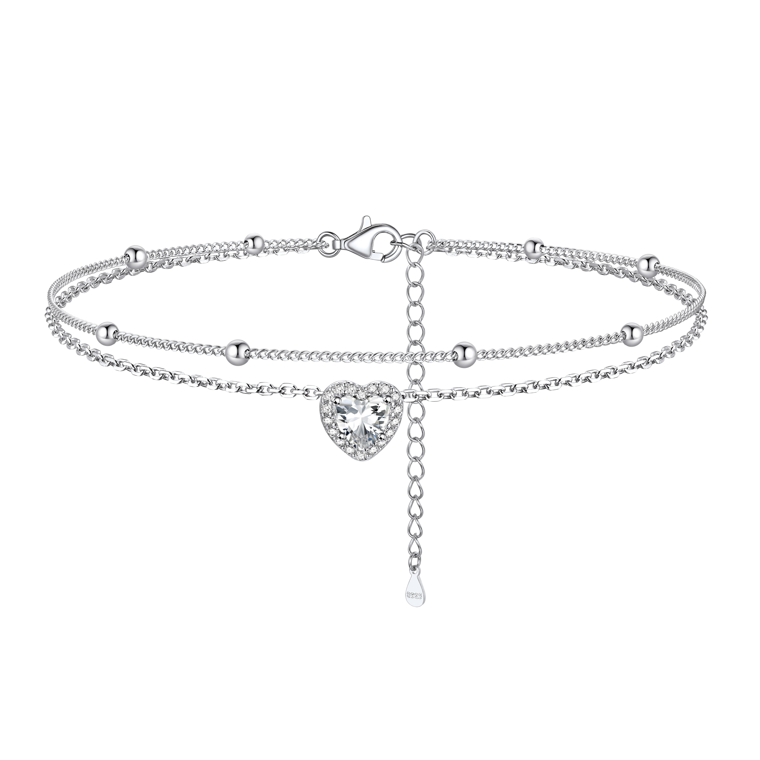 Adjustable Double-Layer Sparkling Heart Zircon Birthstone Ankle& Bracelet