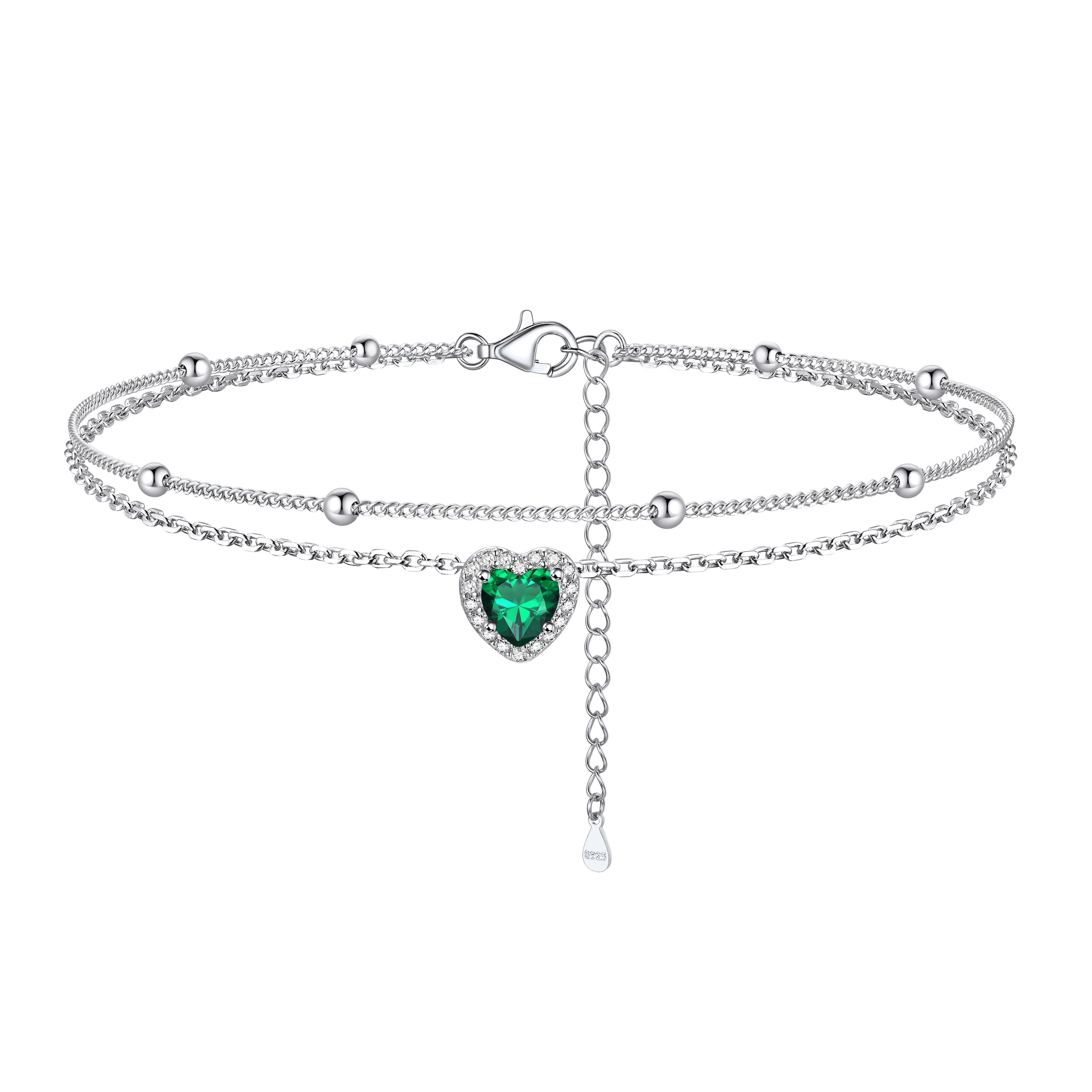Adjustable Double-Layer Sparkling Heart Zircon Birthstone Ankle& Bracelet