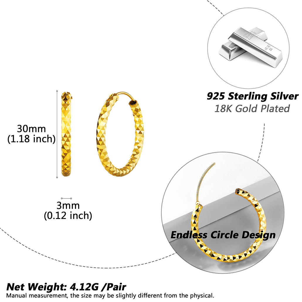 ChicSilver Sterling Gold Plated Hypoallergenic Diamond Cut Hoop Earrings Details: Dimensions, Hypoallergenic, Hinged Hoop
