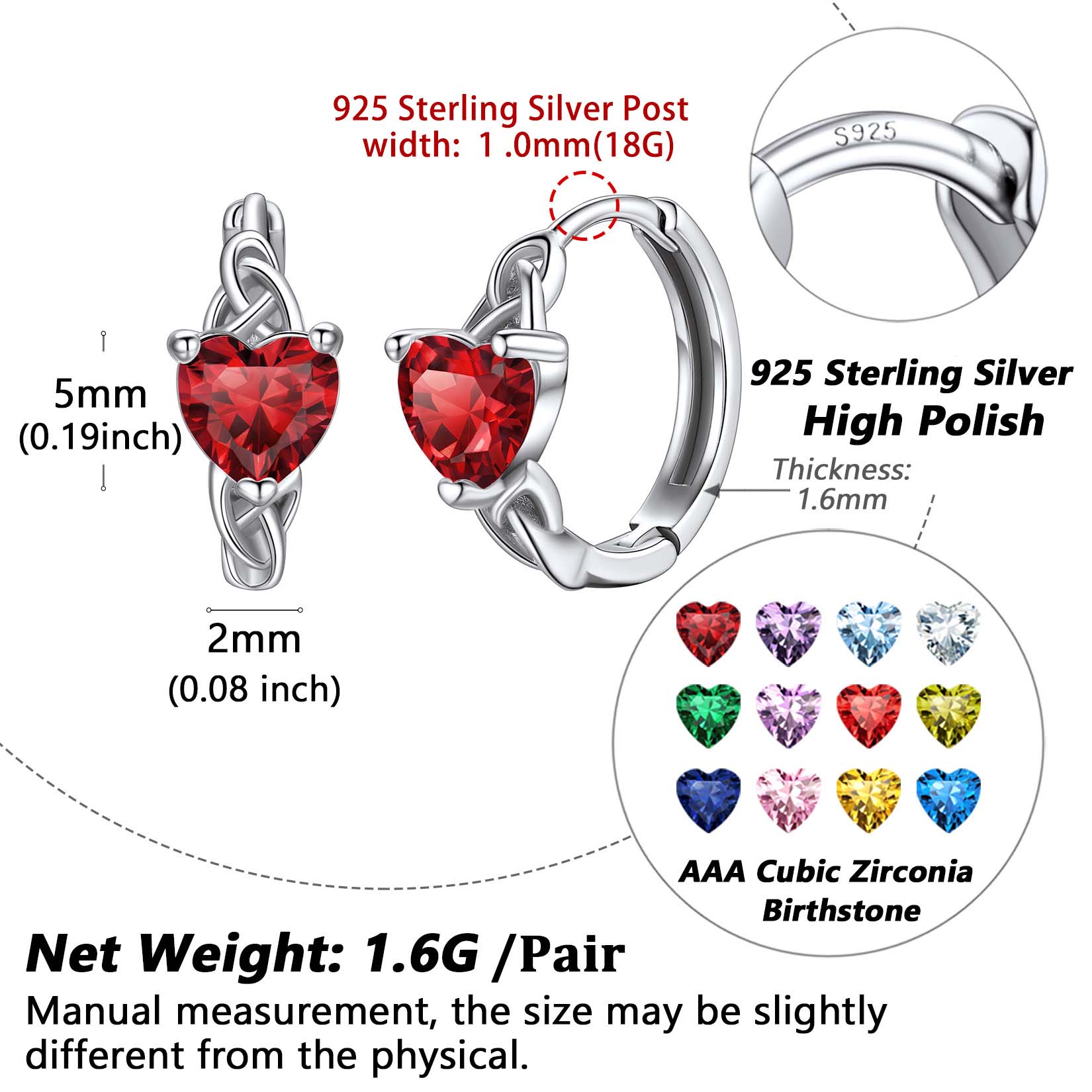 Celtic Knot Sterling Silver Birthstone Hoop Earrings Details: Dimensions, Hypoallergenic, Hinged Hoop