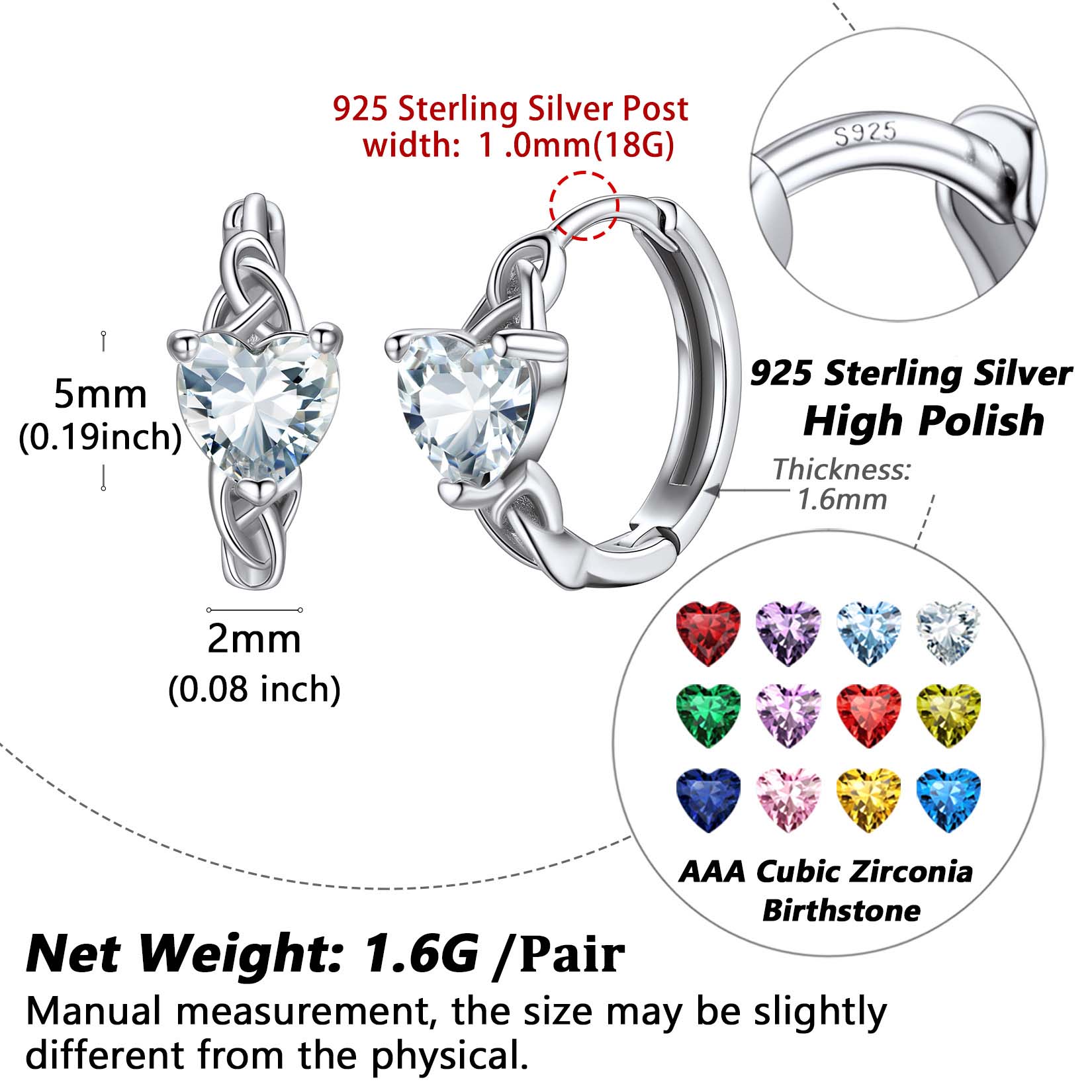 Celtic Knot Sterling Silver Birthstone Hoop Earrings Details: Dimensions, Hypoallergenic, Hinged Hoop