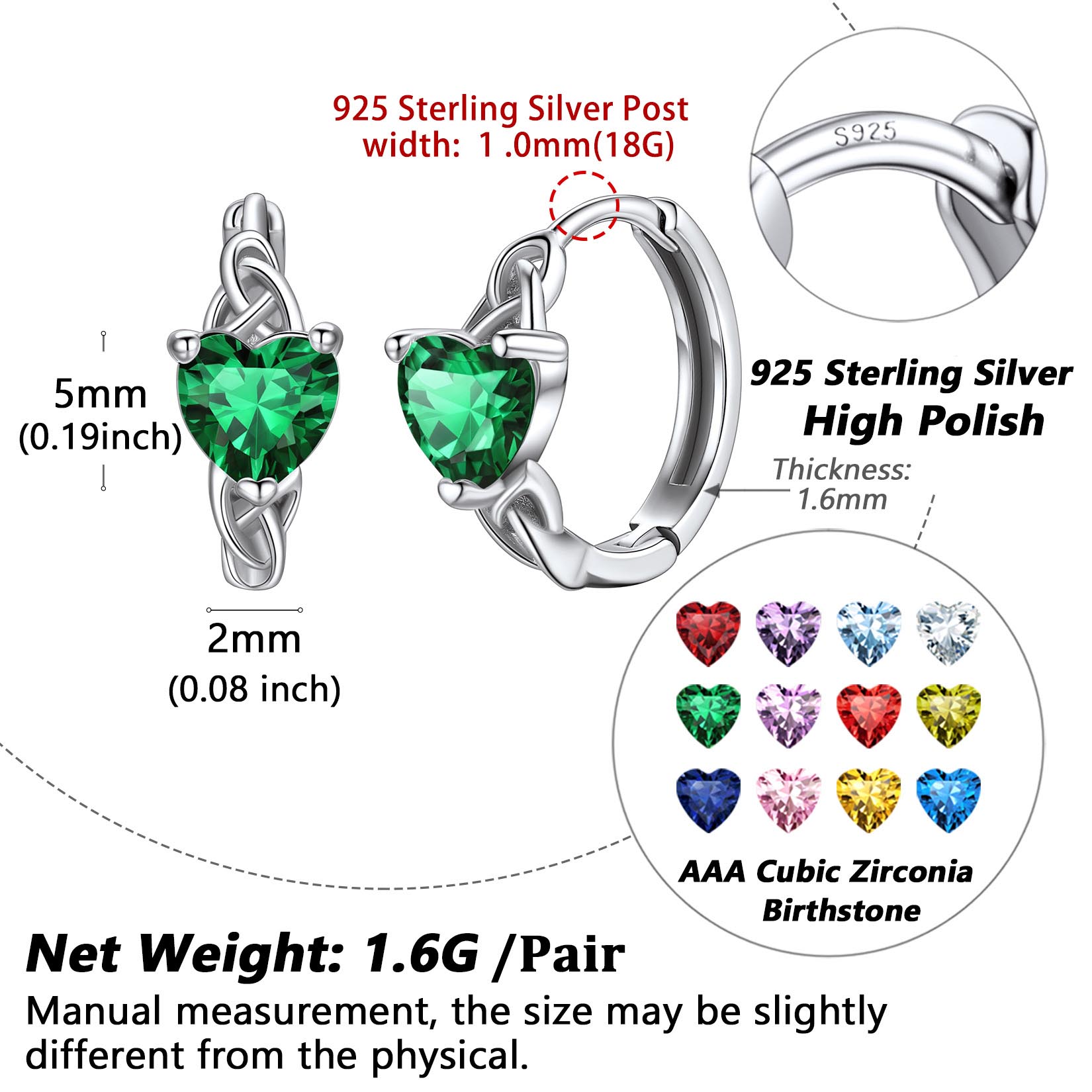 Celtic Knot Sterling Silver Birthstone Hoop Earrings Details: Dimensions, Hypoallergenic, Hinged Hoop