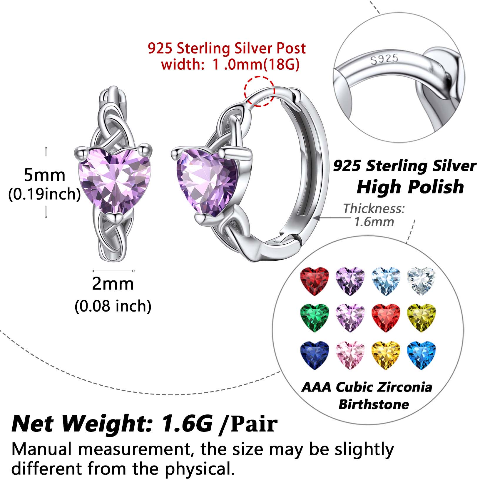 Celtic Knot Sterling Silver Birthstone Hoop Earrings Details: Dimensions, Hypoallergenic, Hinged Hoop