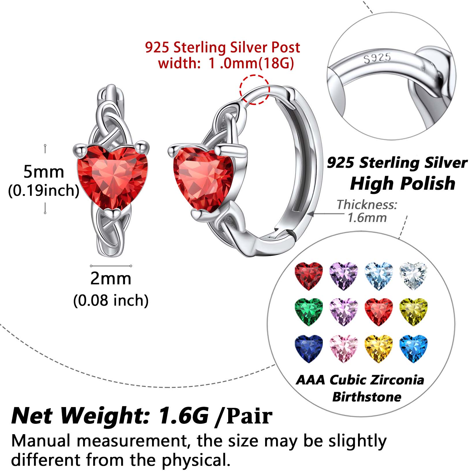 Celtic Knot Sterling Silver Birthstone Hoop Earrings Details: Dimensions, Hypoallergenic, Hinged Hoop