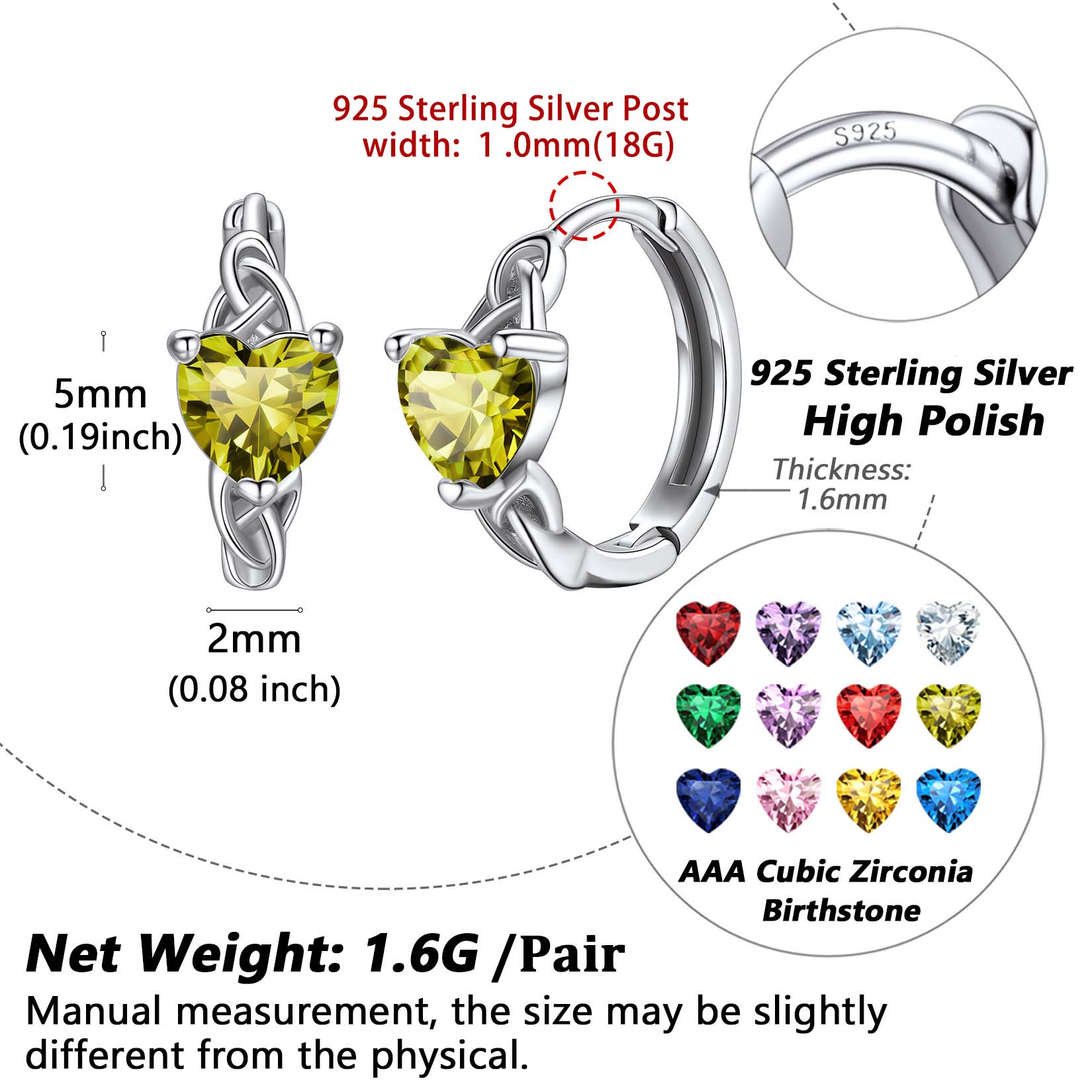 Celtic Knot Sterling Silver Birthstone Hoop Earrings Details: Dimensions, Hypoallergenic, Hinged Hoop