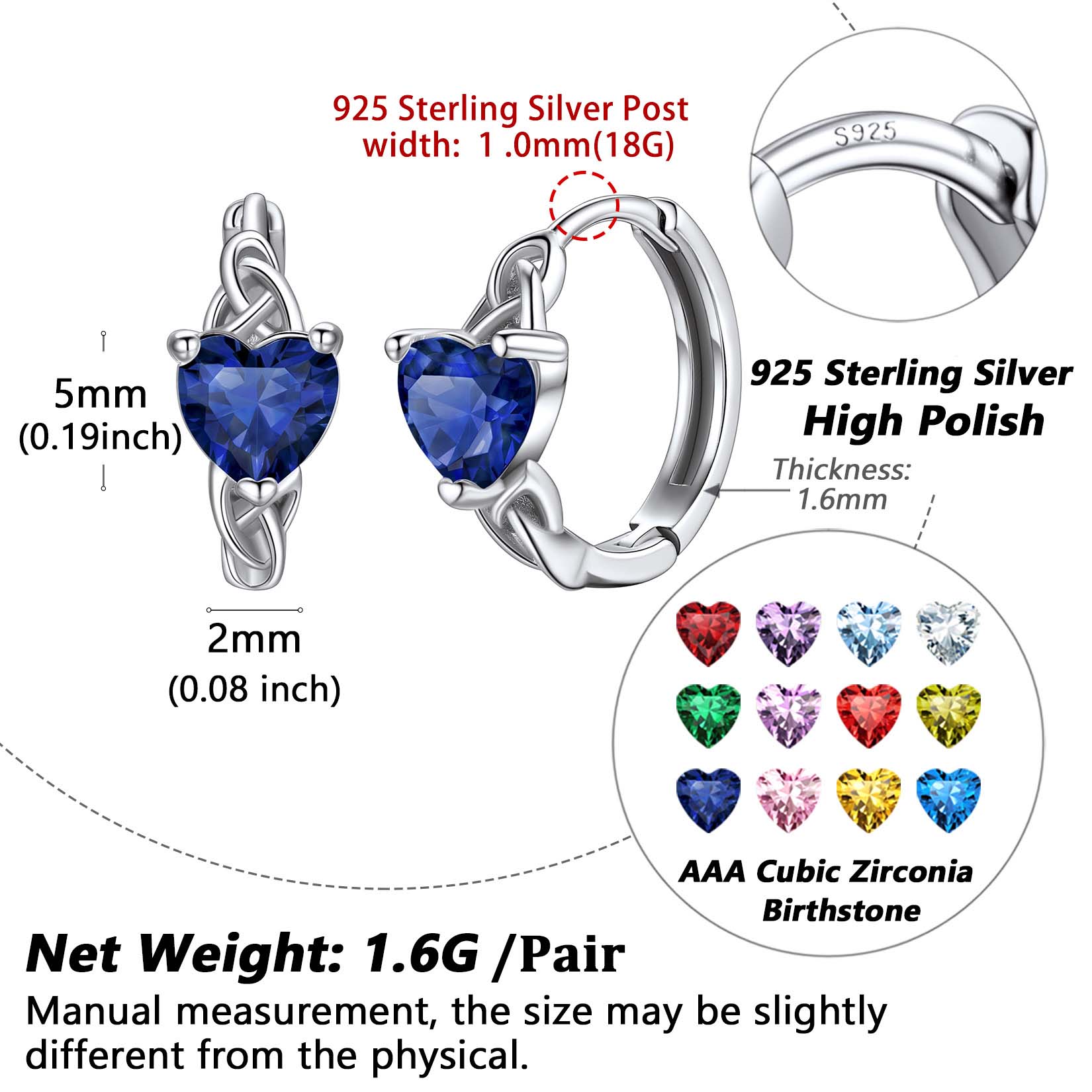 Celtic Knot Sterling Silver Birthstone Hoop Earrings Details: Dimensions, Hypoallergenic, Hinged Hoop