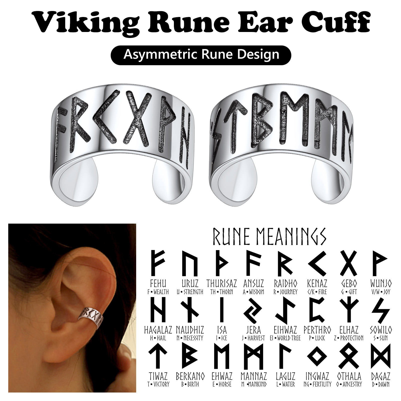 Viking Runes Cuff Earrings-Asymmetric Rune Design