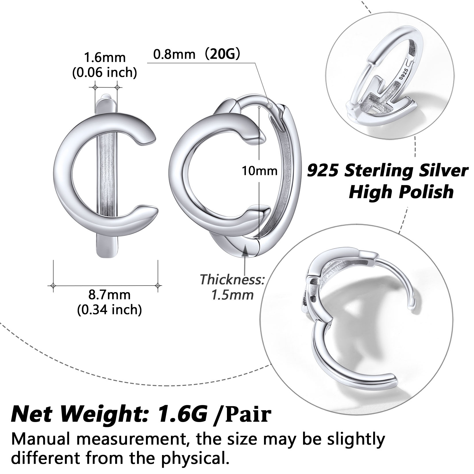 Stackable Initial C Hoop Earrings Details: Dimensions, Hypoallergenic, Hinged Hoop