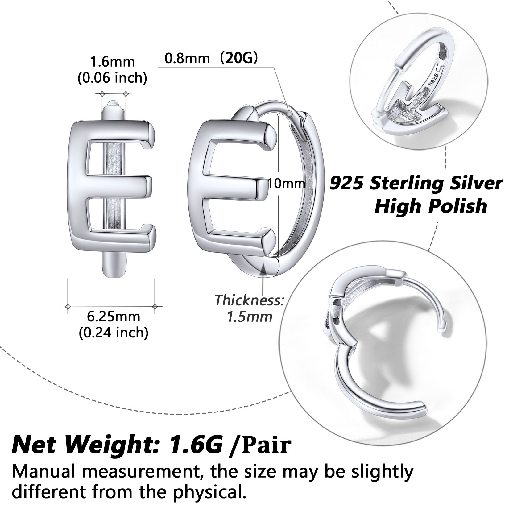 Stackable Initial E Hoop Earrings Details: Dimensions, Hypoallergenic, Hinged Hoop