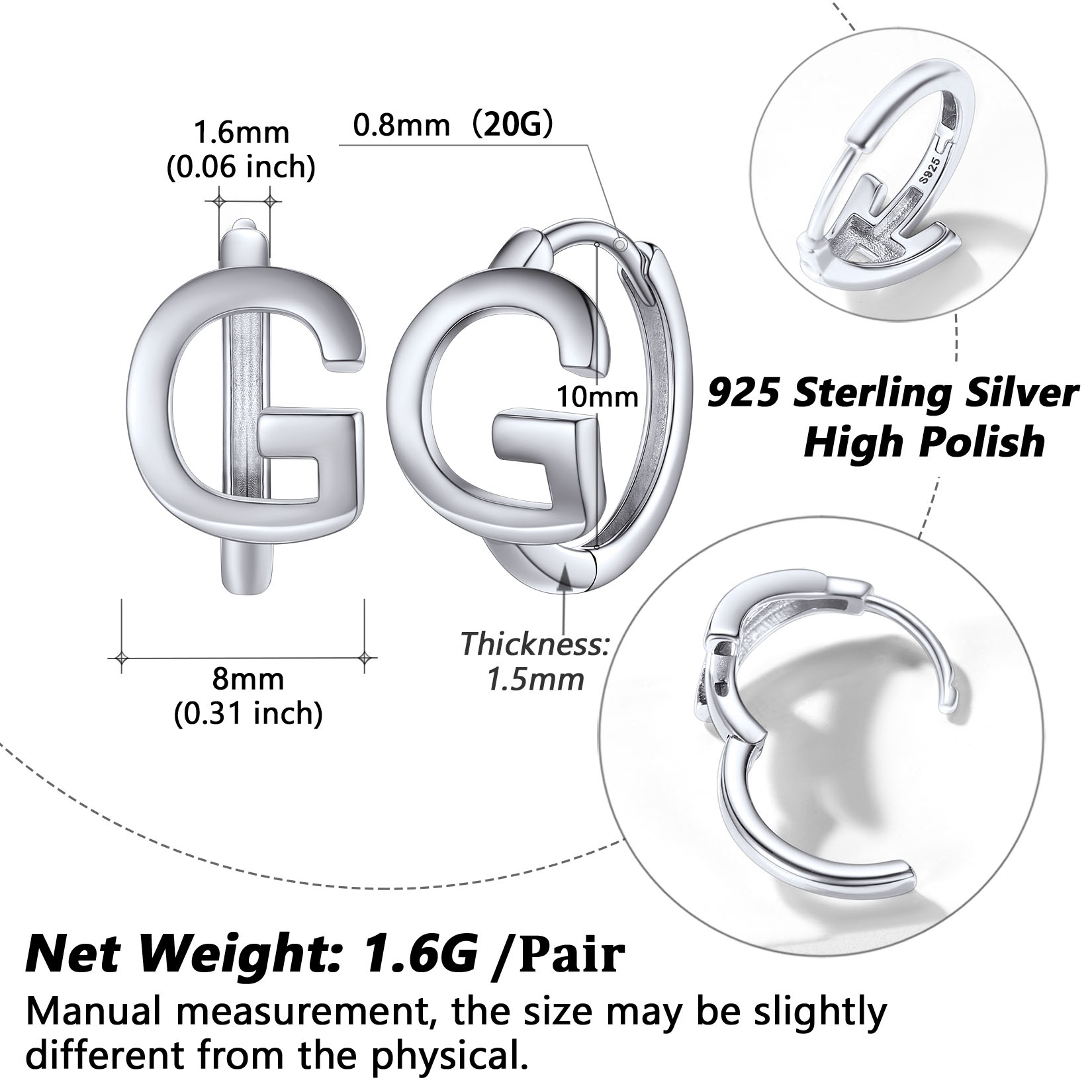 Stackable Initial G Hoop Earrings Details: Dimensions, Hypoallergenic, Hinged Hoop