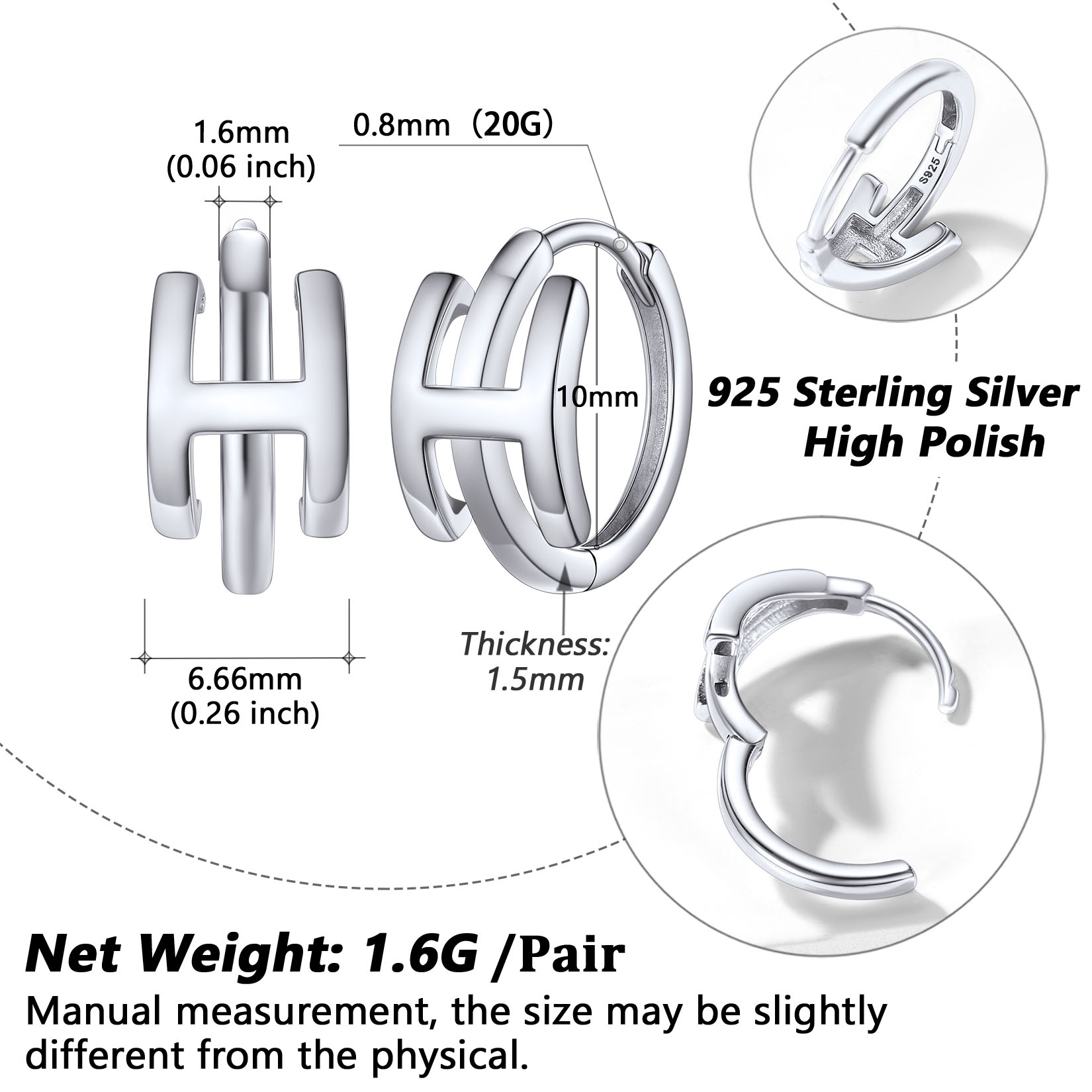 Stackable Initial H Hoop Earrings Details: Dimensions, Hypoallergenic, Hinged Hoop
