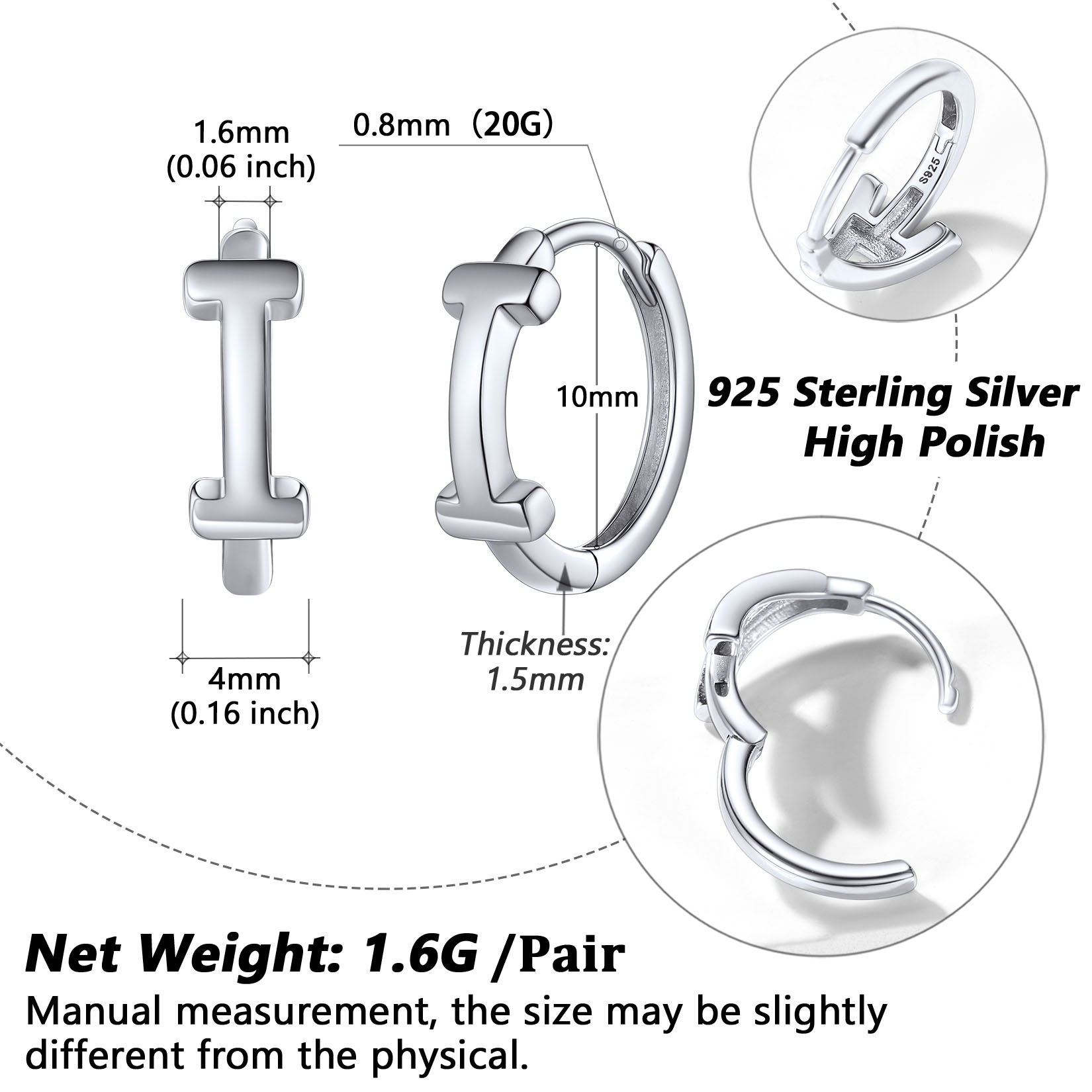 Stackable Initial I Hoop Earrings Details: Dimensions, Hypoallergenic, Hinged Hoop