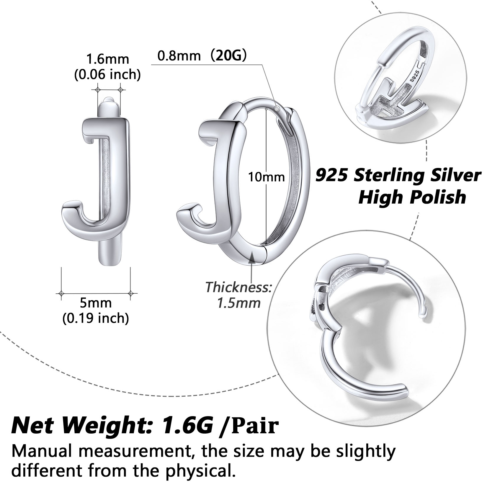 Stackable Initial J Hoop Earrings Details: Dimensions, Hypoallergenic, Hinged Hoop