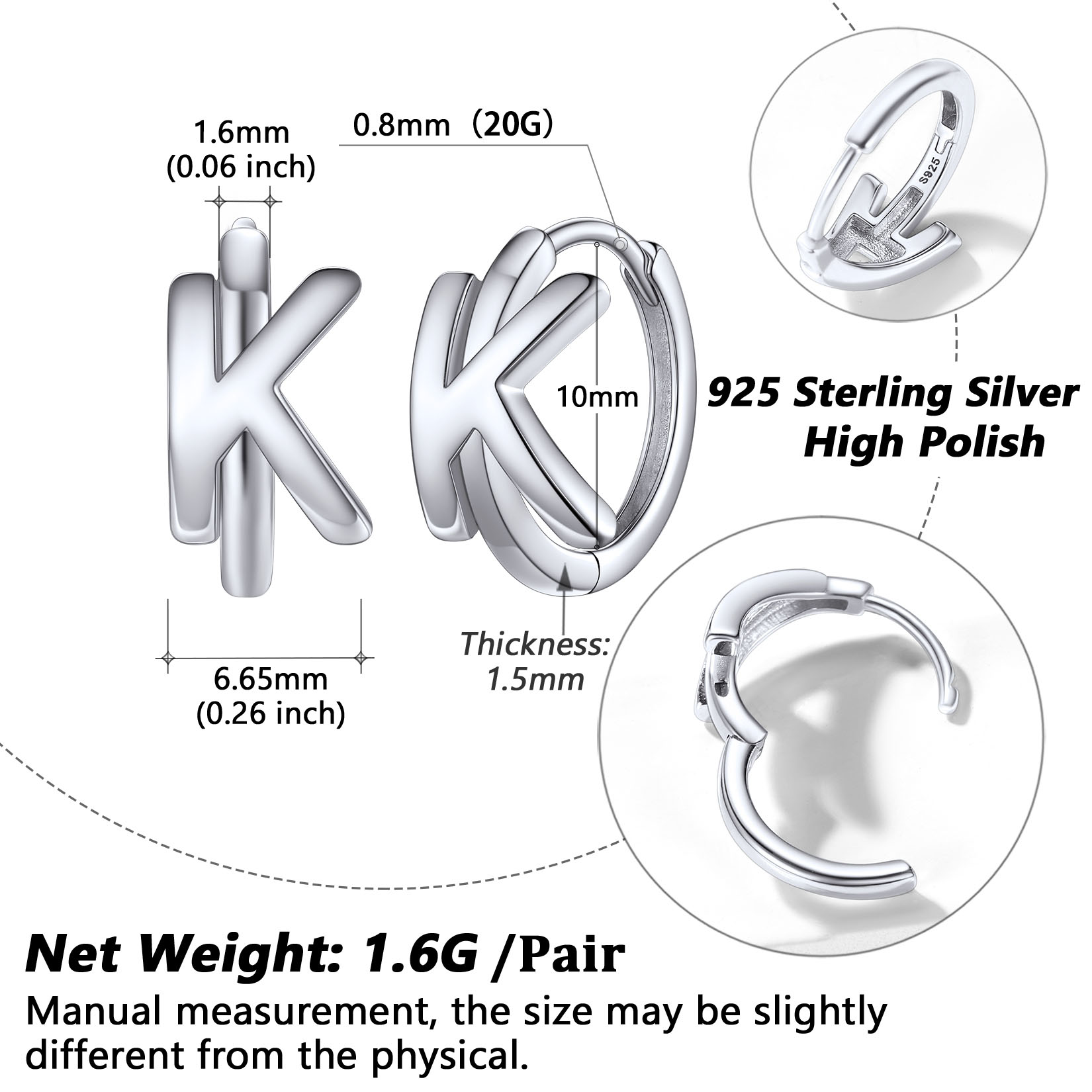Stackable Initial K Hoop Earrings Details: Dimensions, Hypoallergenic, Hinged Hoop