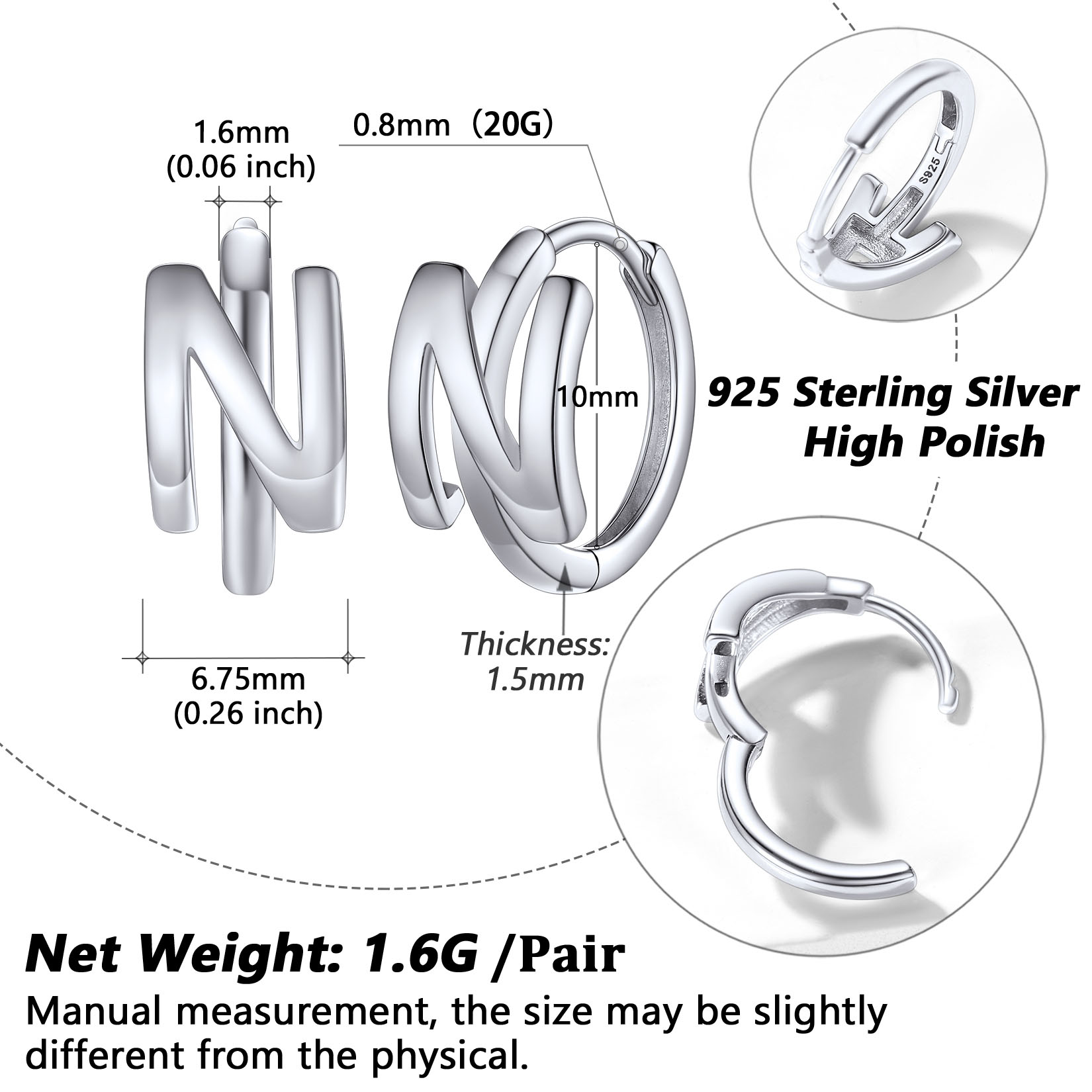 Stackable Initial N Hoop Earrings Details: Dimensions, Hypoallergenic, Hinged Hoop