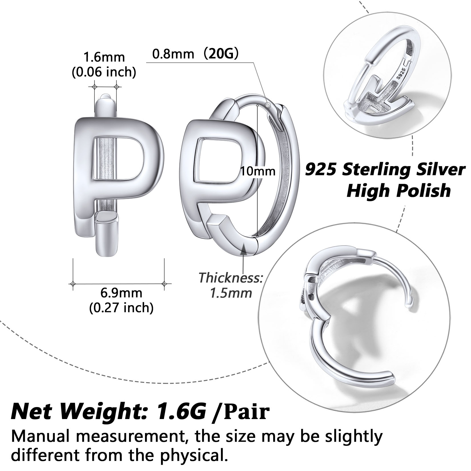 Stackable Initial P Hoop Earrings Details: Dimensions, Hypoallergenic, Hinged Hoop