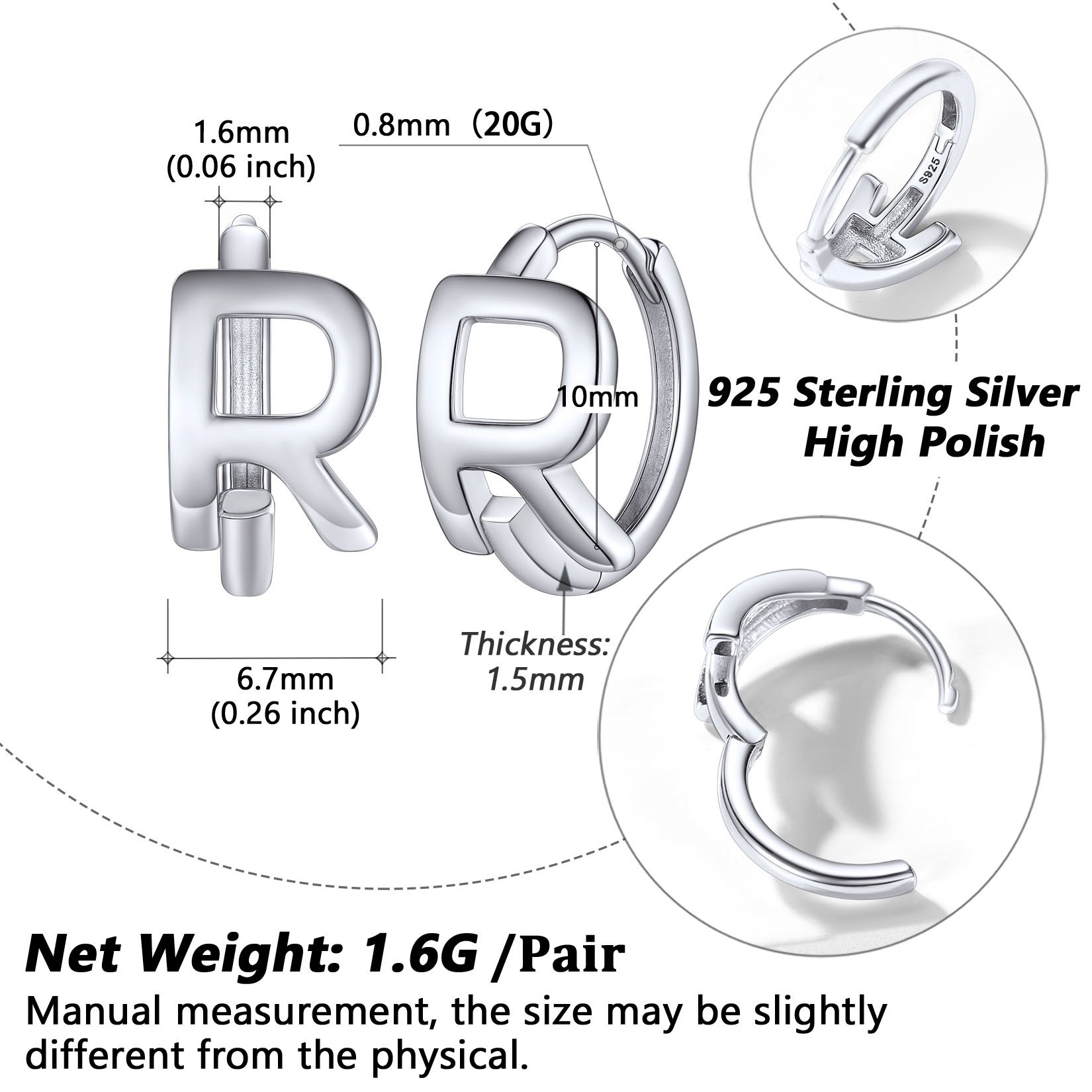 Stackable Initial R Hoop Earrings Details: Dimensions, Hypoallergenic, Hinged Hoop
