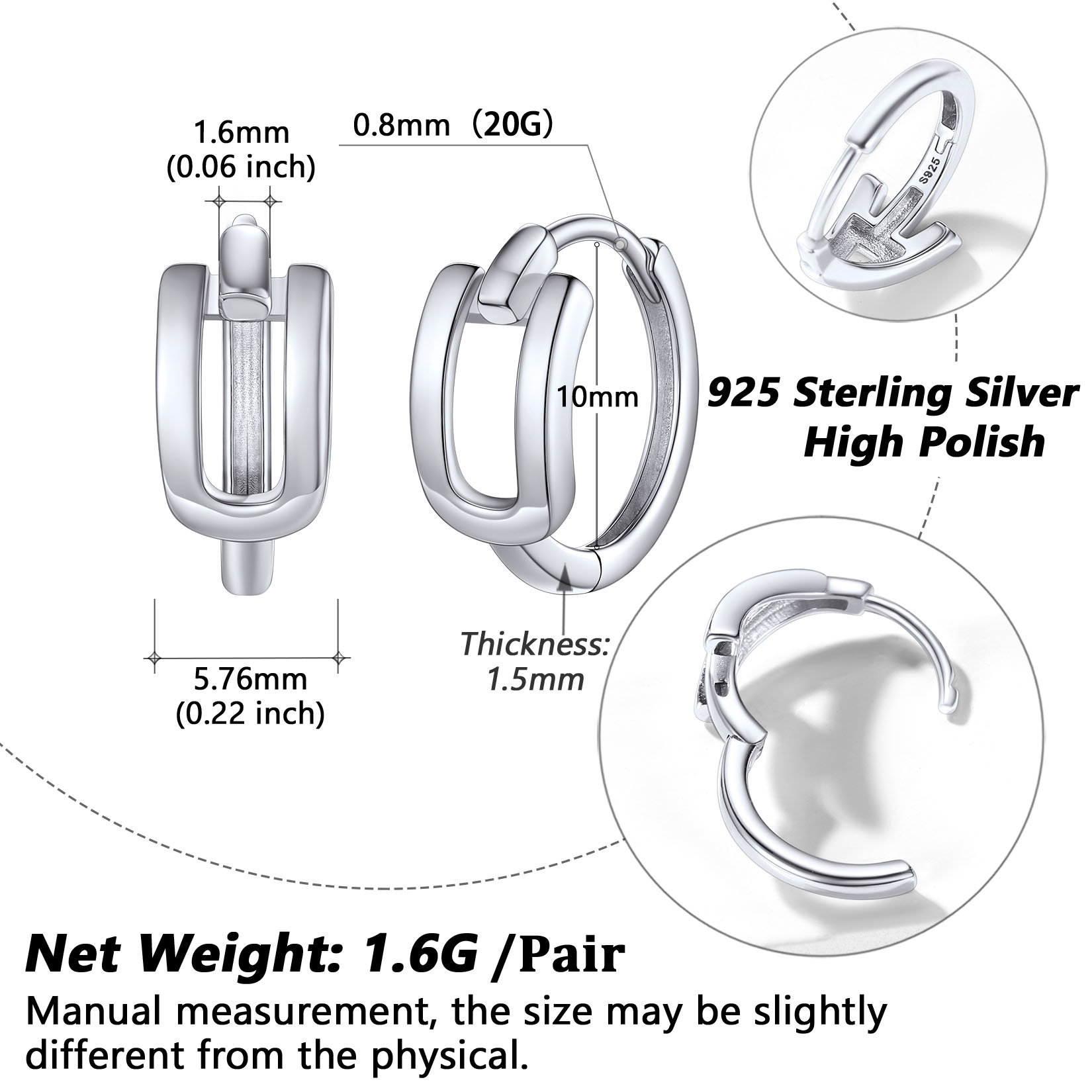 Stackable Initial U Hoop Earrings Details: Dimensions, Hypoallergenic, Hinged Hoop