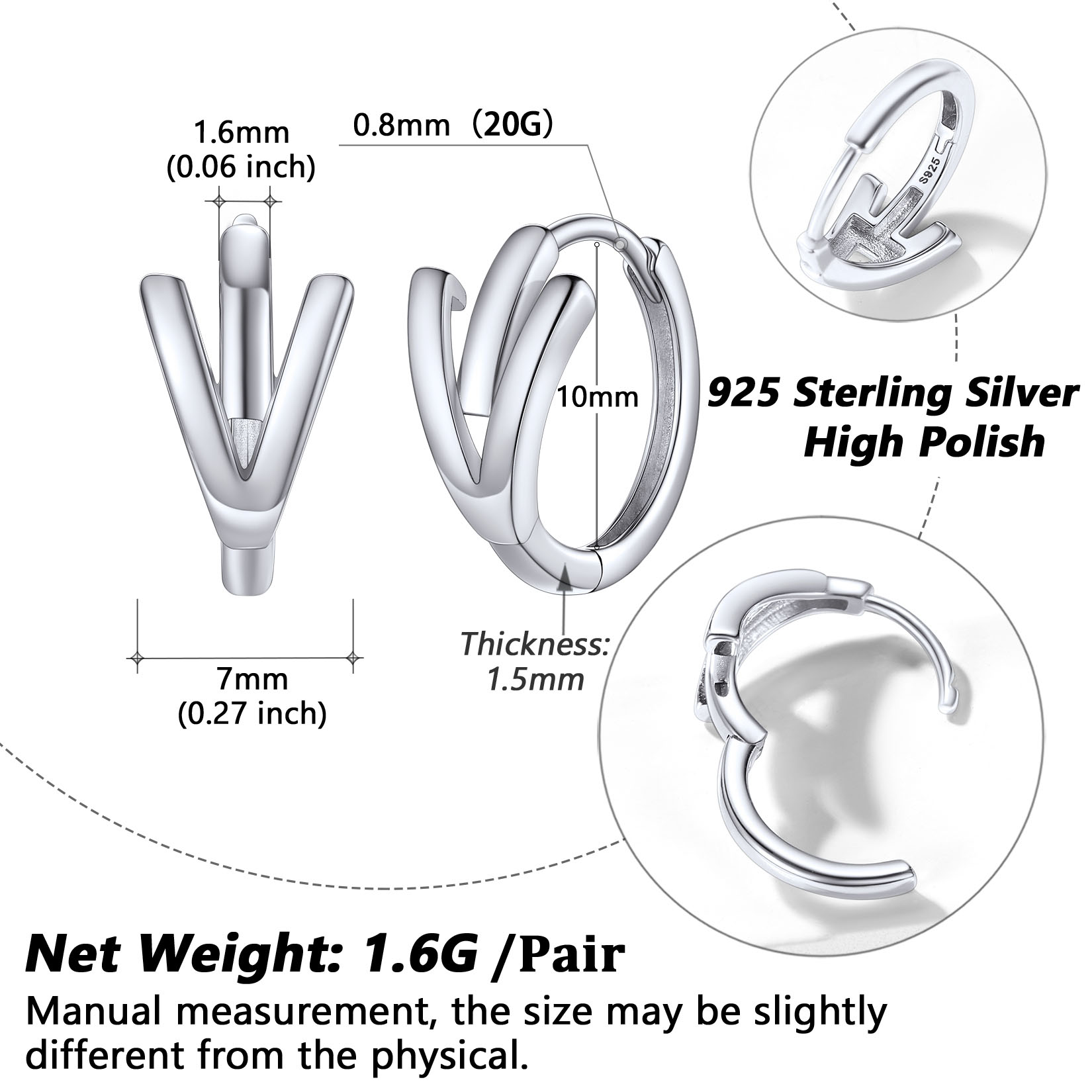 Stackable Initial V Hoop Earrings Details: Dimensions, Hypoallergenic, Hinged Hoop