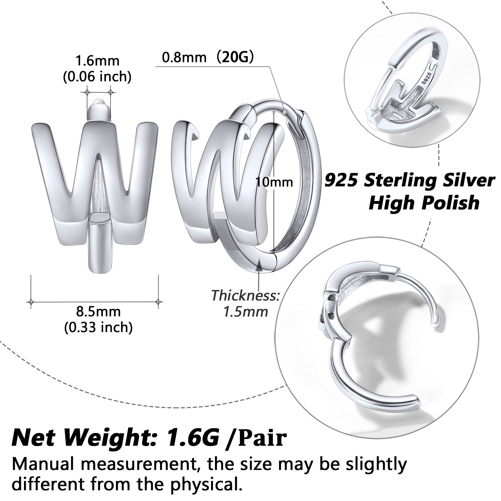 Stackable Initial W Hoop Earrings Details: Dimensions, Hypoallergenic, Hinged Hoop