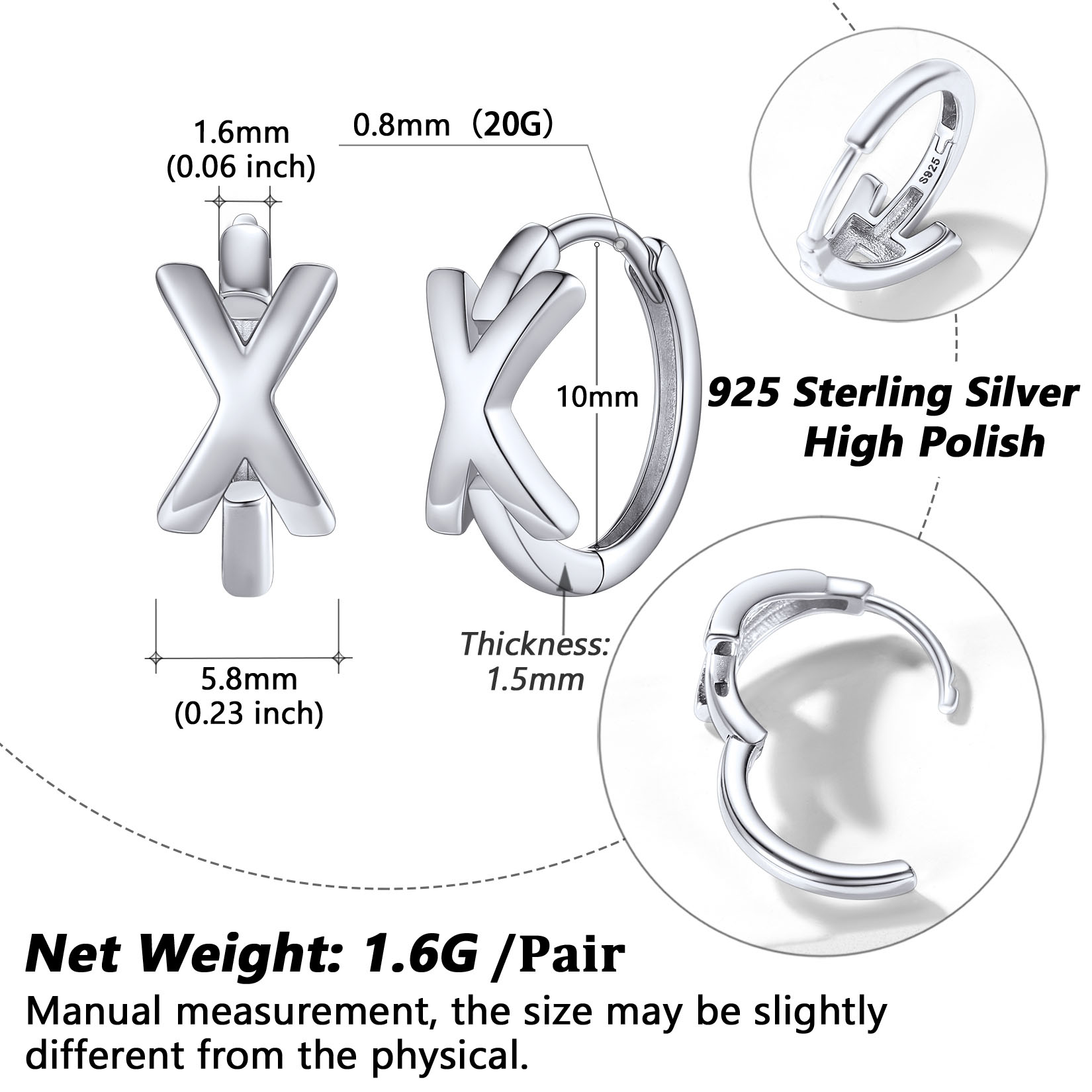 Stackable Initial X Hoop Earrings Details: Dimensions, Hypoallergenic, Hinged Hoop