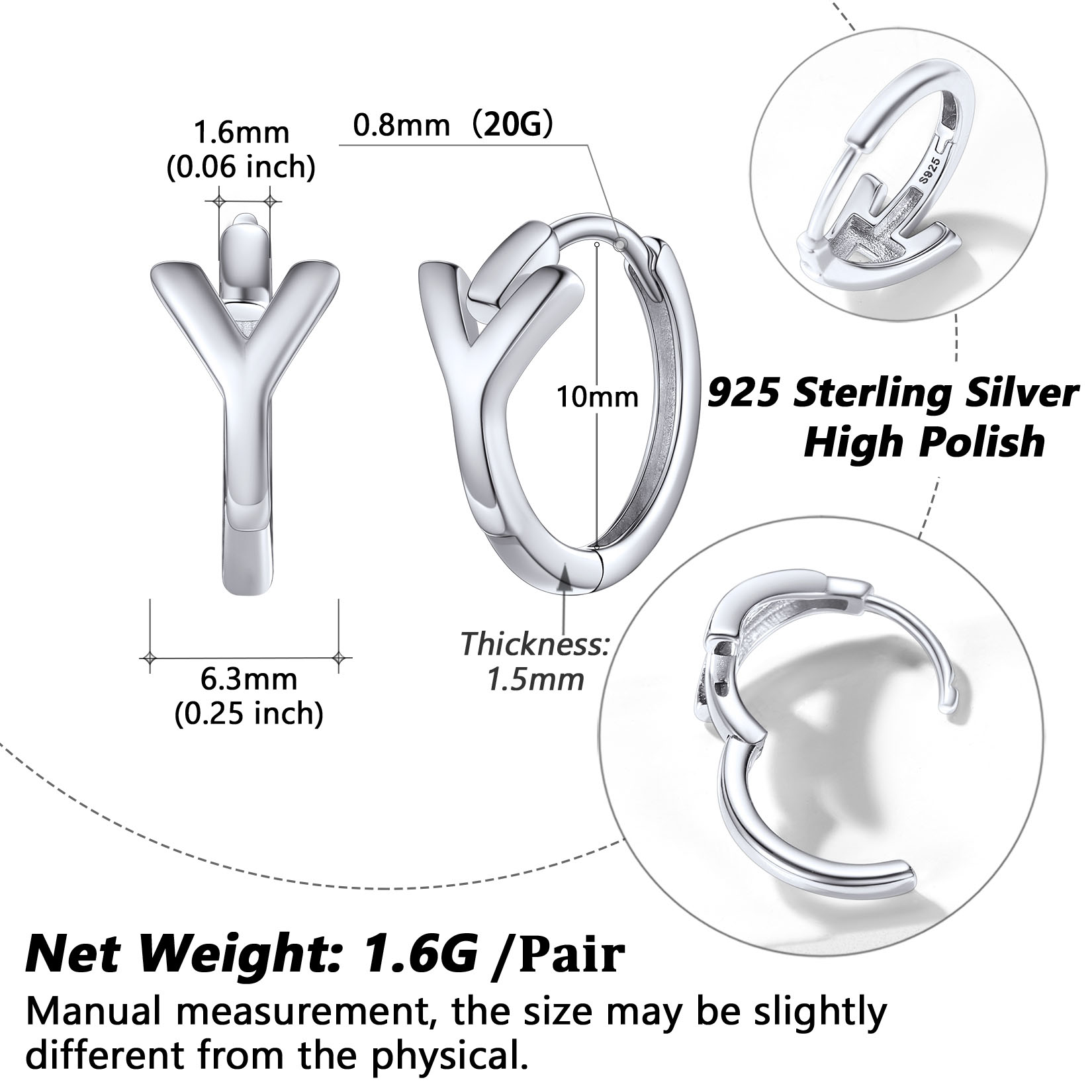 Stackable Initial Y Hoop Earrings Details: Dimensions, Hypoallergenic, Hinged Hoop