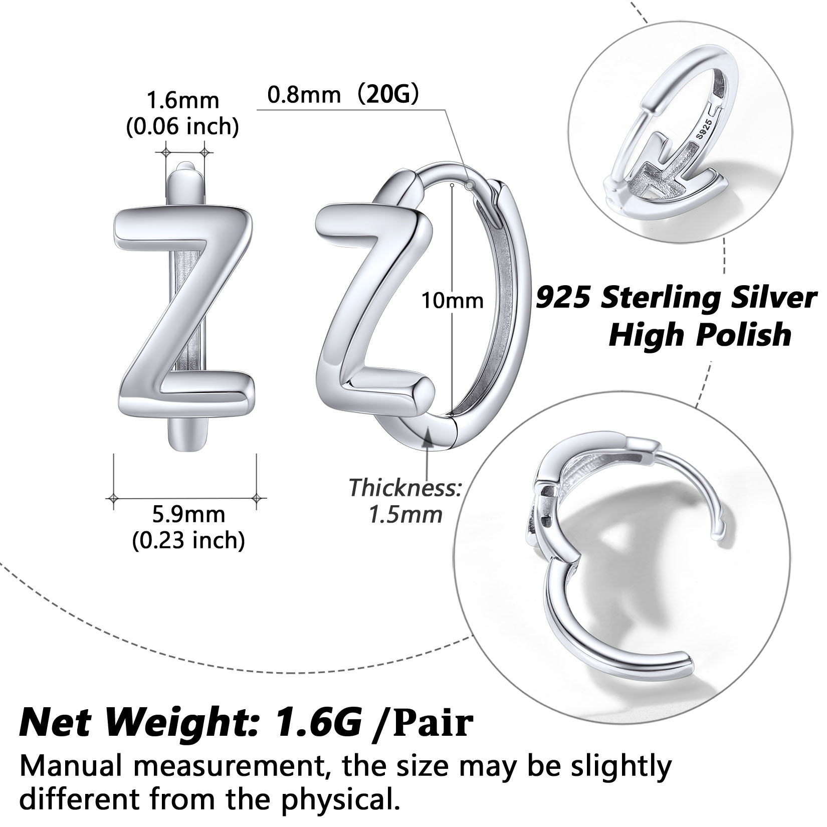 Stackable Initial Z Hoop Earrings Details: Dimensions, Hypoallergenic, Hinged Hoop