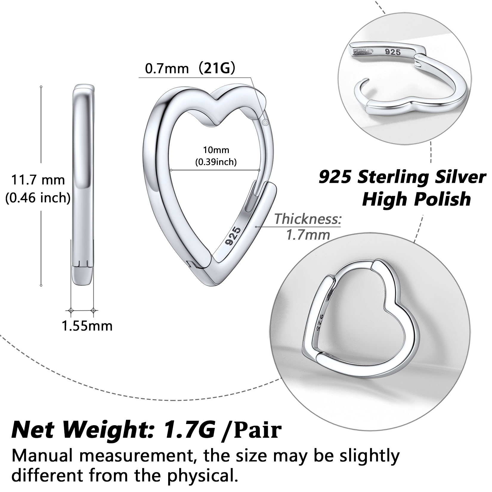 Simple Heart Hoop Earrings Details: Dimensions, Hypoallergenic, Hinged Hoop