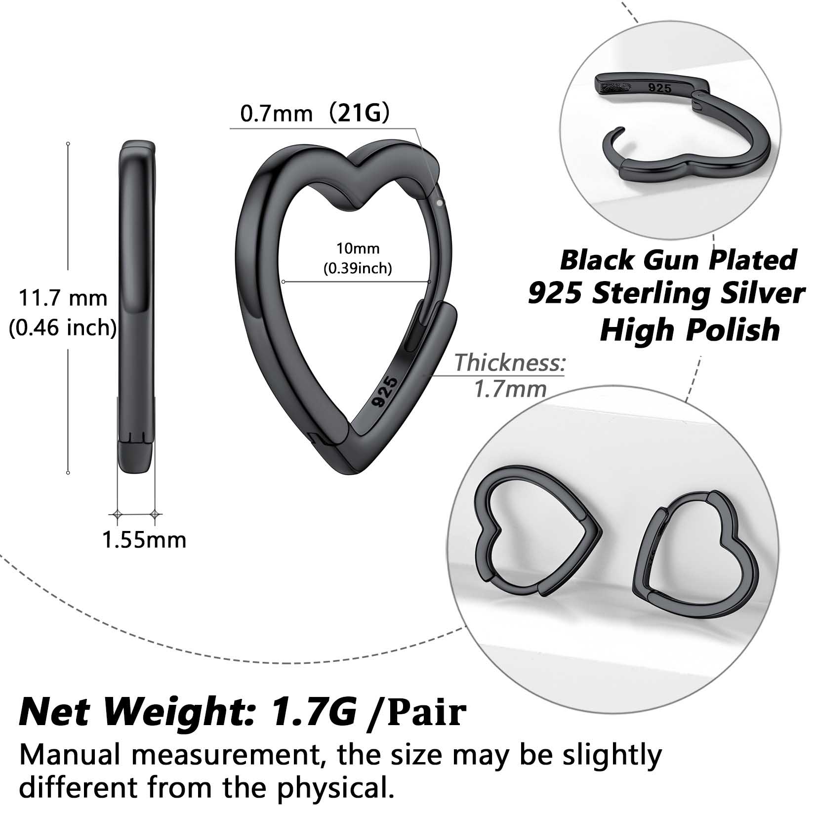 Simple Heart Hoop Earrings Details: Dimensions, Hypoallergenic, Hinged Hoop