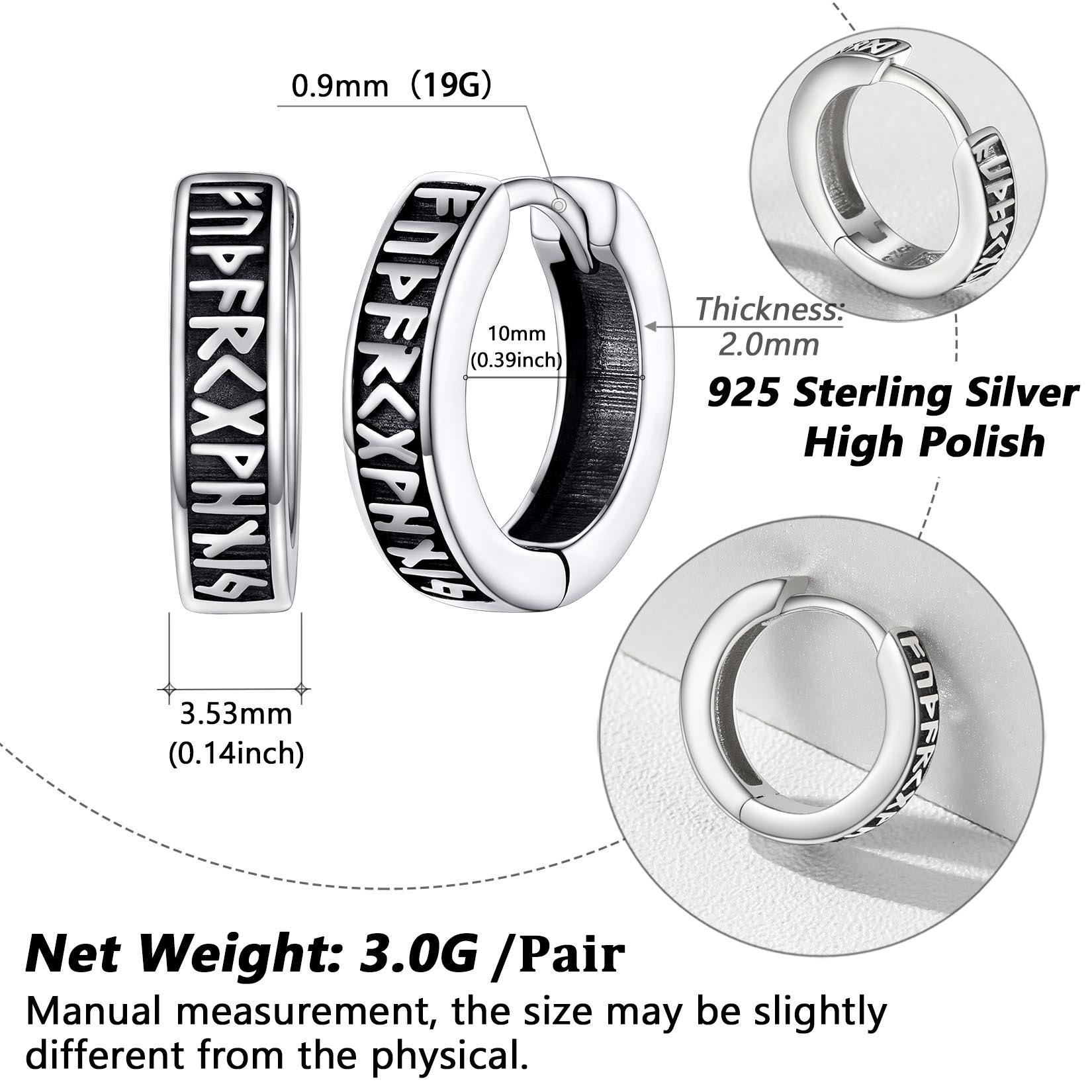 Runes Hoop Hypoallergenic Huggie Earrings Details: Dimensions, Hypoallergenic, Hinged Hoop