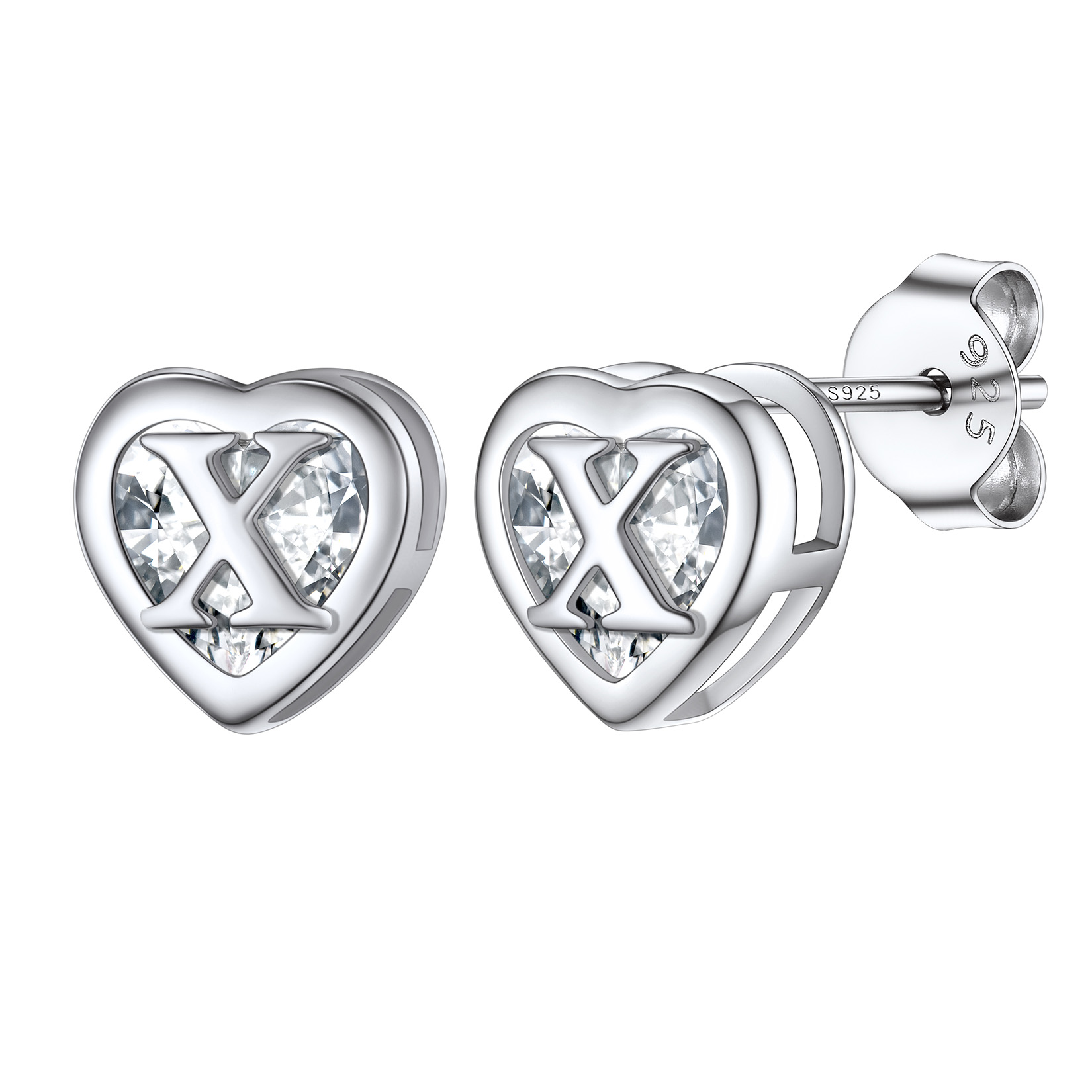 Love Heart Initial Cubic Zirconia Stud Earrings