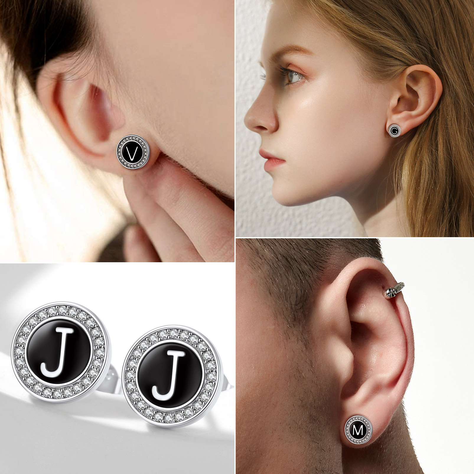 Mini A-Z Initial Letter Stud Earrings with Black Onyx Cubic Zirconia  for Women, Ladies, Men, Mother, Father, Friends, Couples, girlfriend, boyfriend, husband