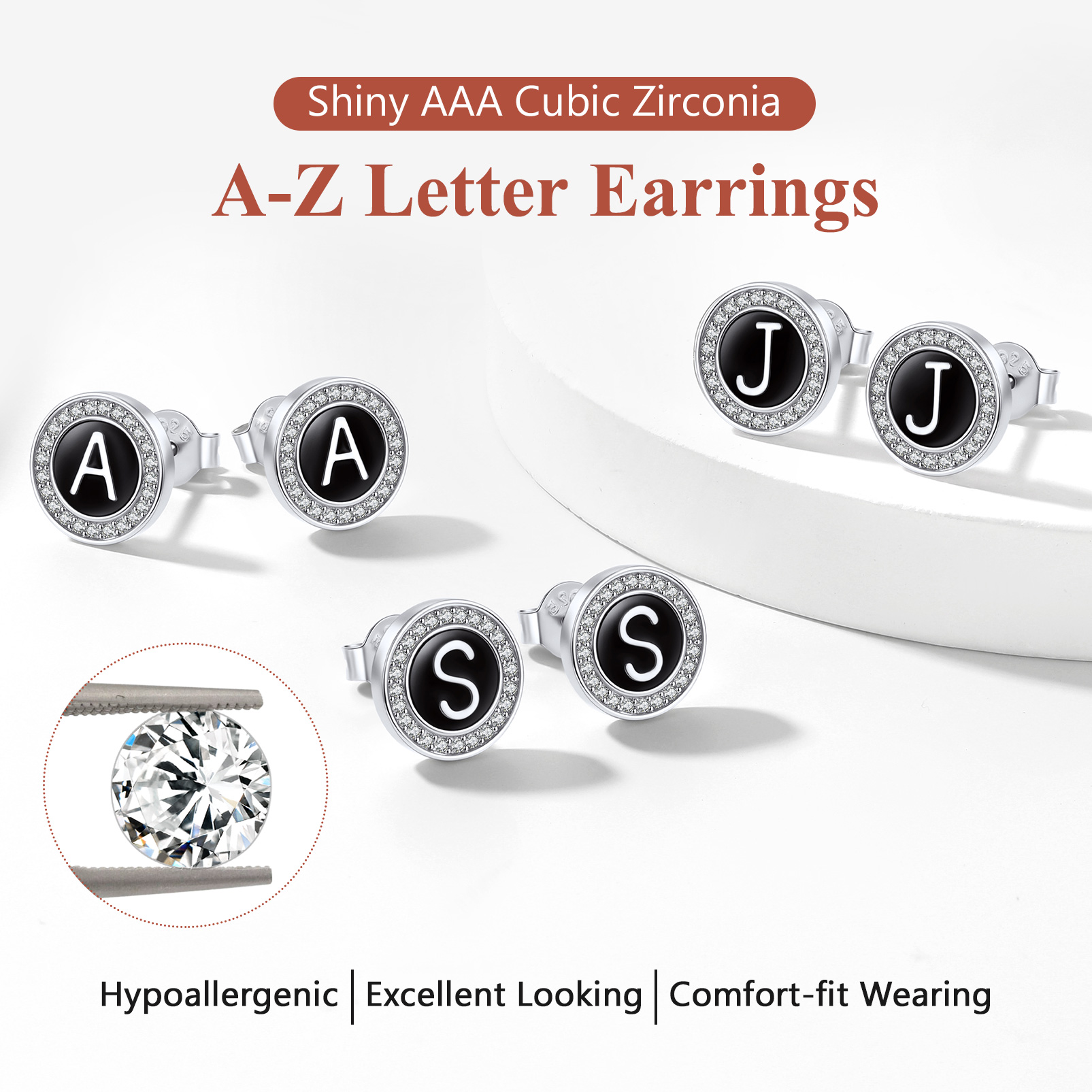 Mini A-Z Initial Letter Stud Earrings with Black Onyx Cubic Zirconia