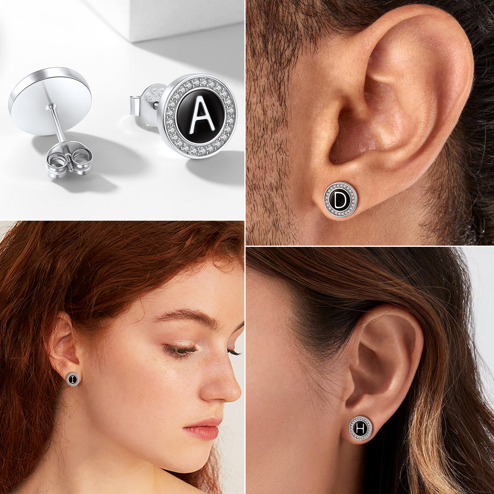 Mini A-Z Initial Letter Stud Earrings with Black Onyx Cubic Zirconia  for Women, Ladies, Men, Mother, Father, Friends, Couples, girlfriend, boyfriend, teenager, husband