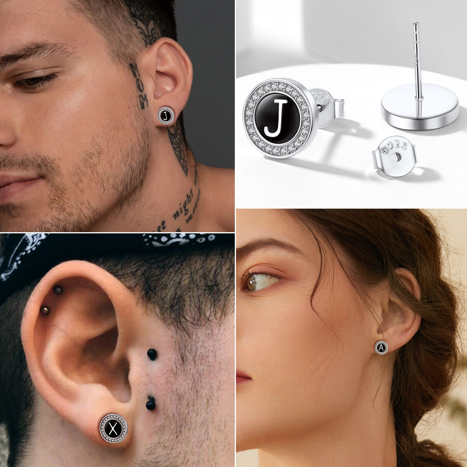 Mini A-Z Initial Letter Stud Earrings with Black Onyx Cubic Zirconia  for Women, Ladies, Men, Mother, Father, Friends, girlfriend, boyfriend, teenager, husband