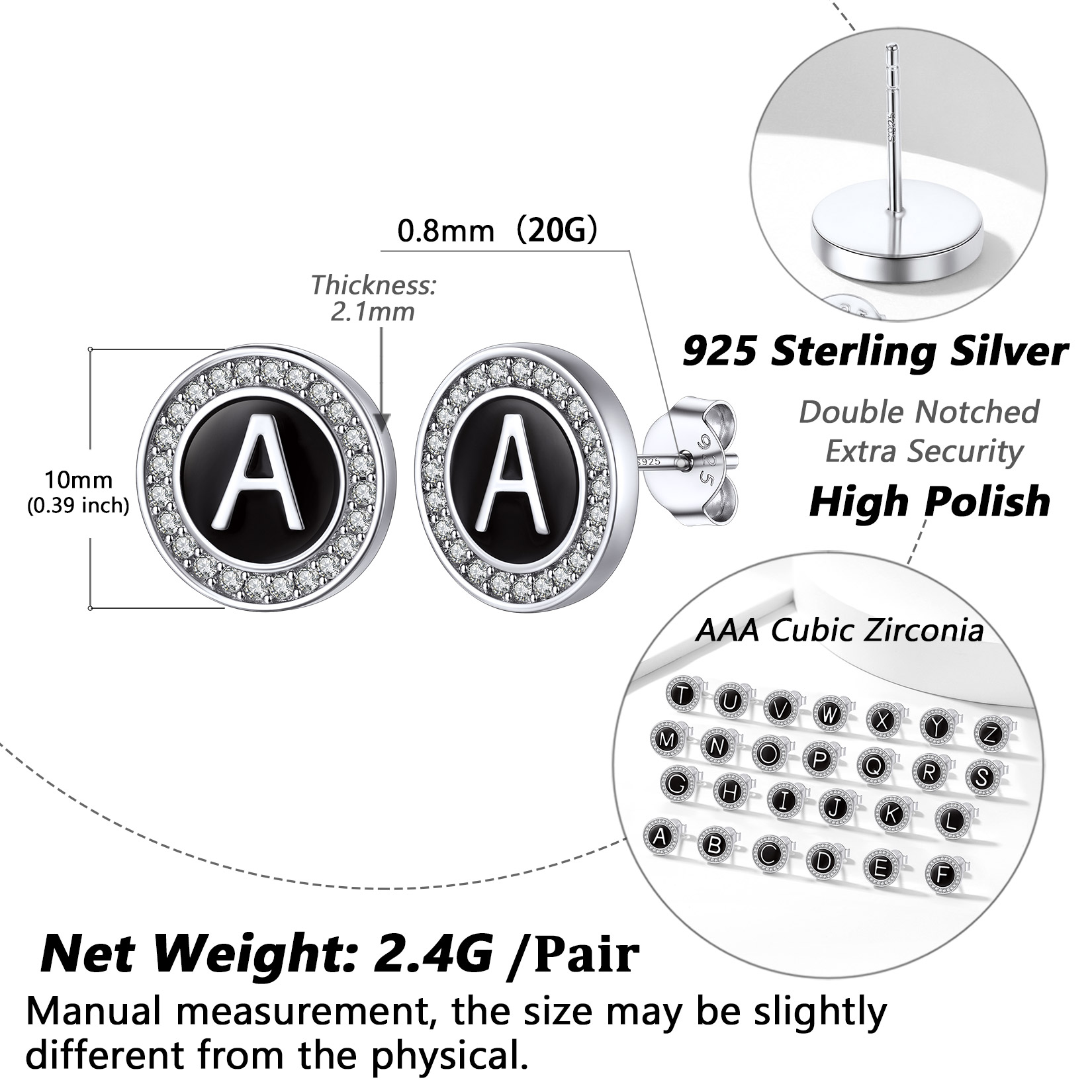 Mini A-Z Initial Letter Stud Earrings with Black Onyx Cubic Zirconia