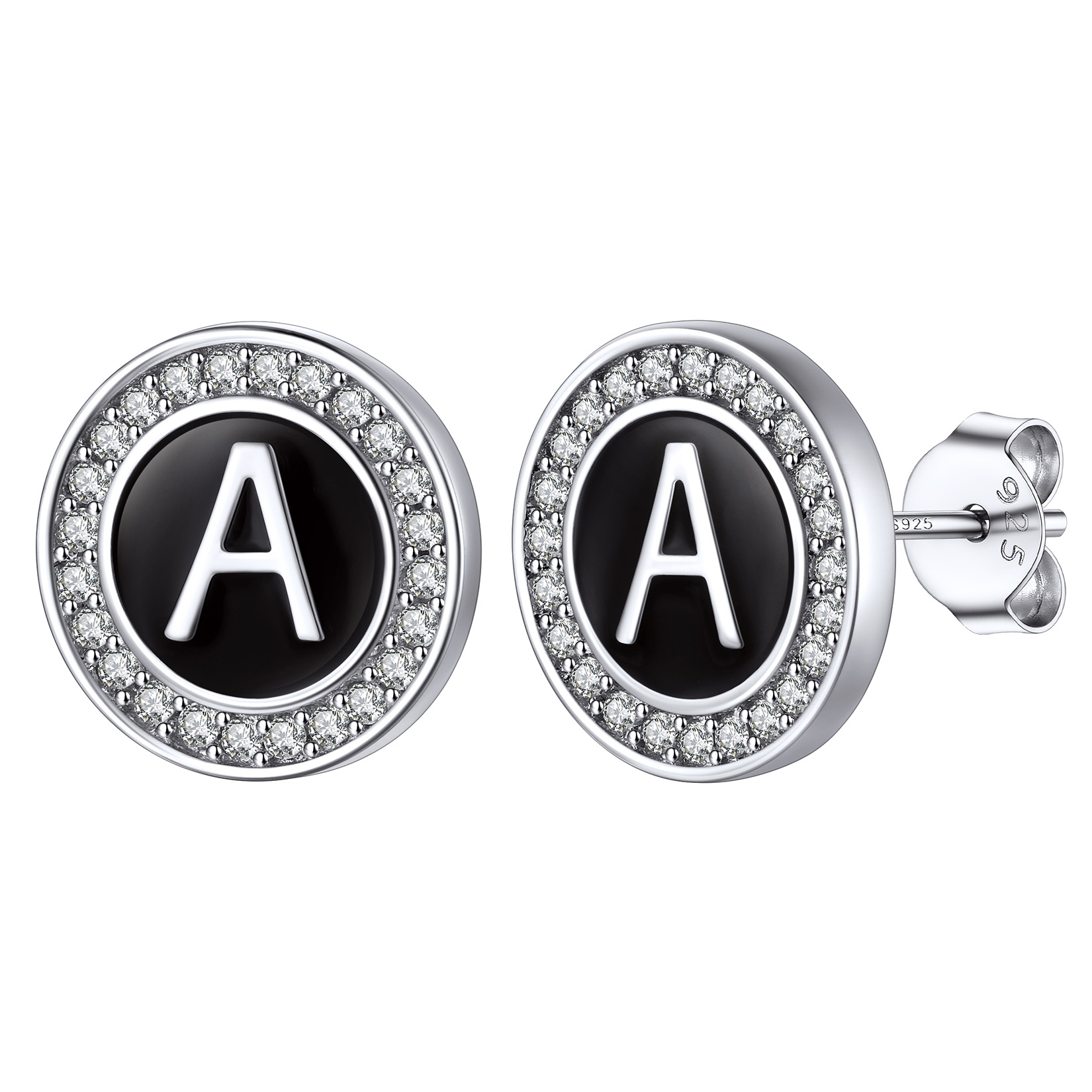 Mini A-Z Initial Letter Stud Earrings with Black Onyx Cubic Zirconia