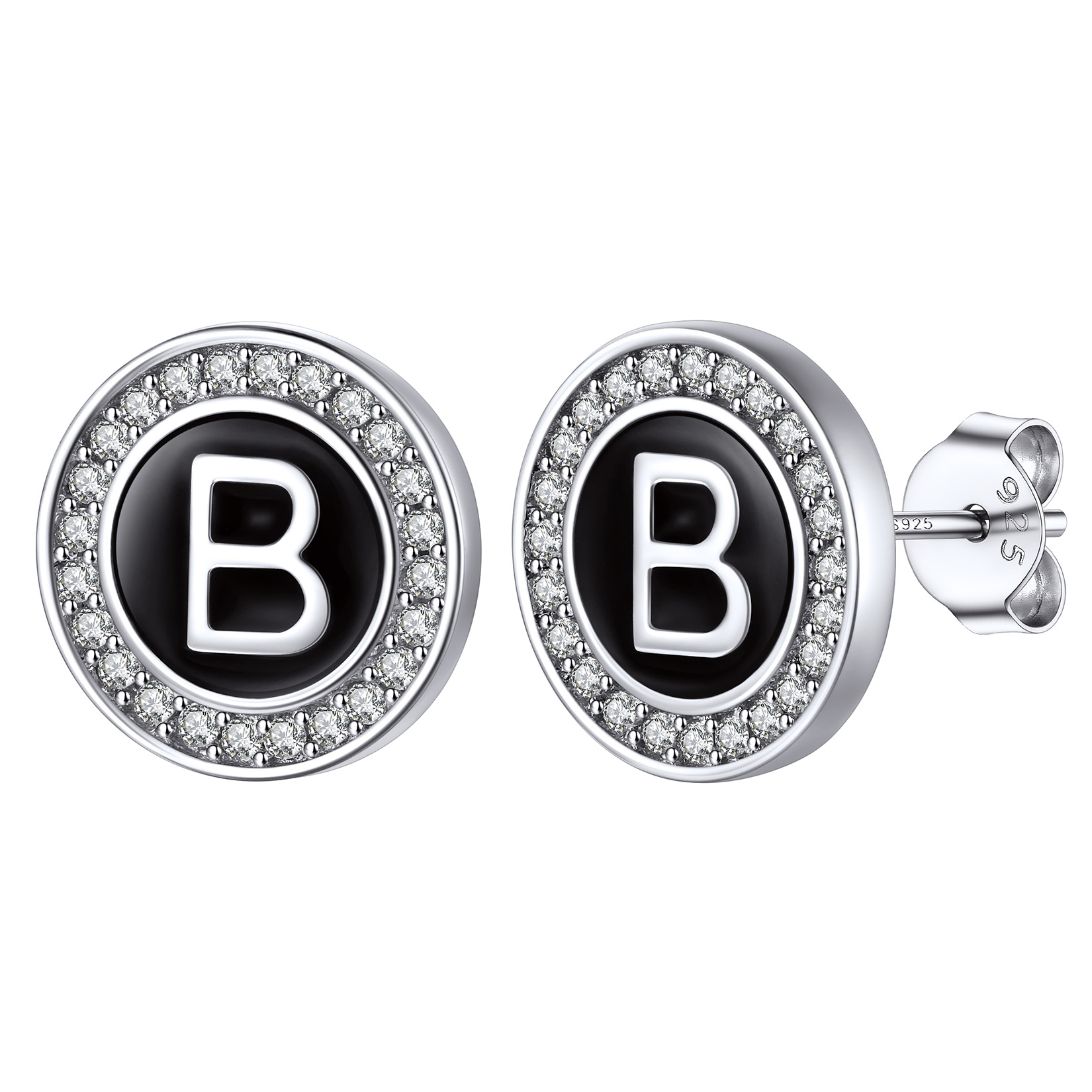 Mini A-Z Initial Letter Stud Earrings with Black Onyx Cubic Zirconia