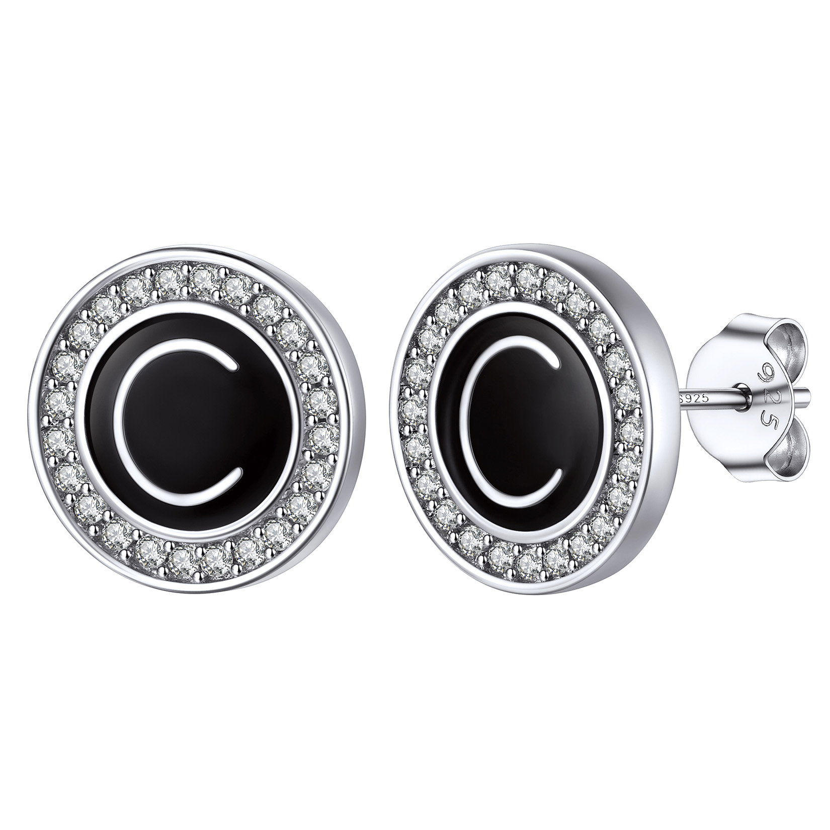 Mini A-Z Initial Letter Stud Earrings with Black Onyx Cubic Zirconia
