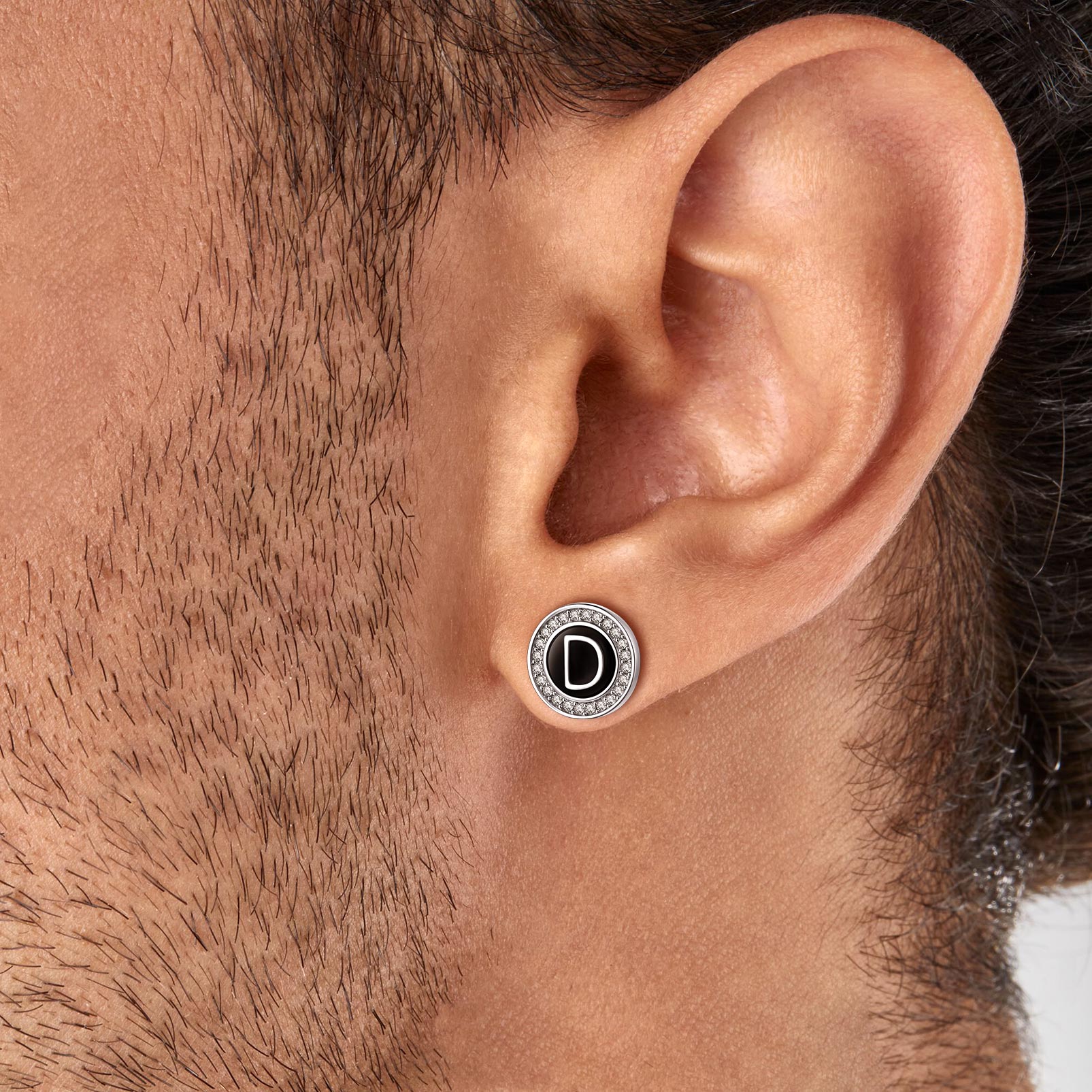 Mini A-Z Initial Letter Stud Earrings with Black Onyx Cubic Zirconia for Men, Father, boyfriend, husband