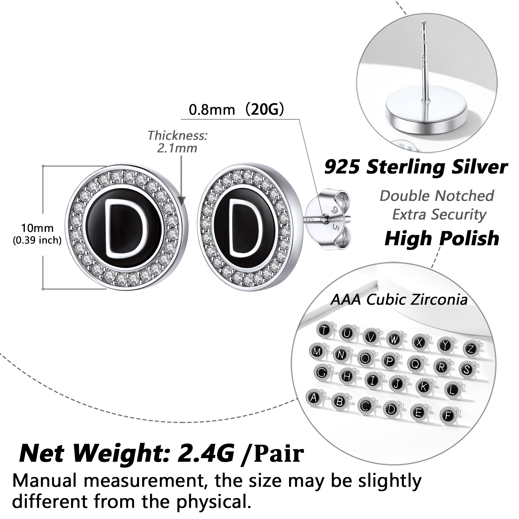 Mini A-Z Initial Letter Stud Earrings with Black Onyx Cubic Zirconia