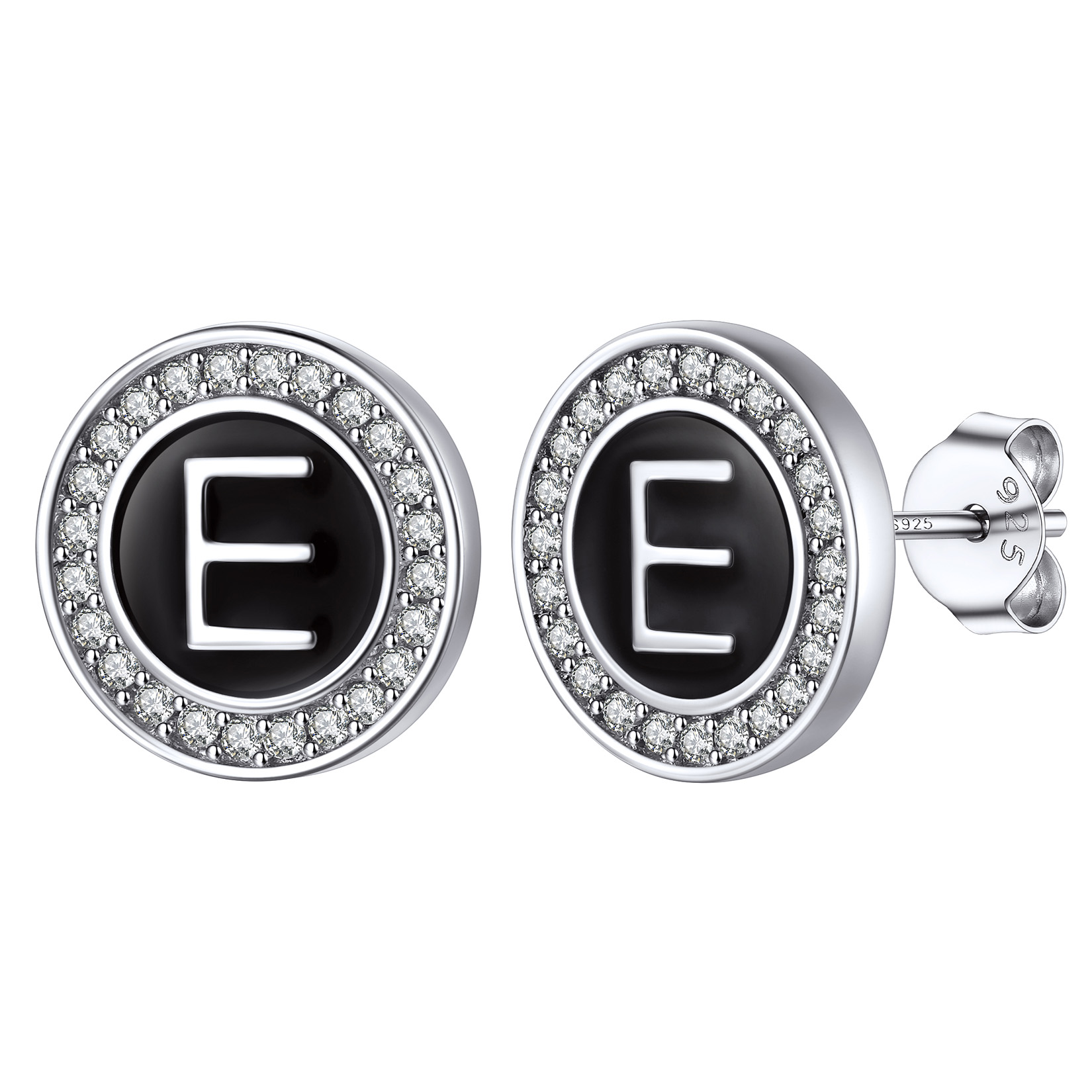 Mini A-Z Initial Letter Stud Earrings with Black Onyx Cubic Zirconia