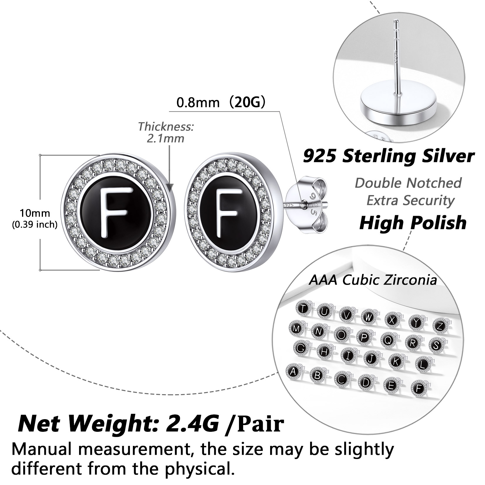 Mini A-Z Initial Letter Stud Earrings with Black Onyx Cubic Zirconia