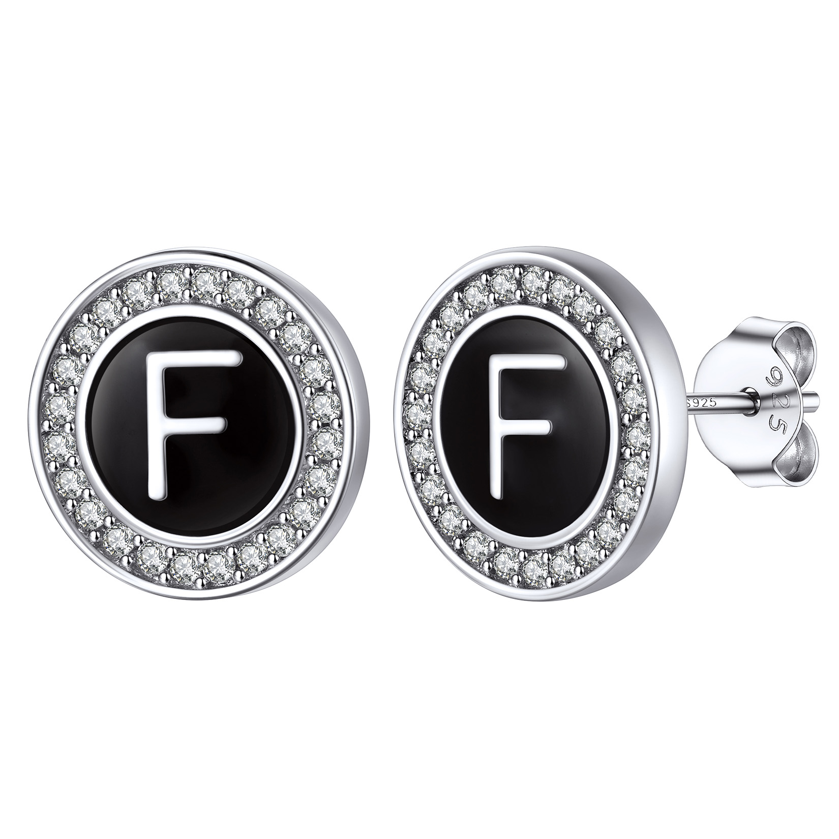 Mini A-Z Initial Letter Stud Earrings with Black Onyx Cubic Zirconia