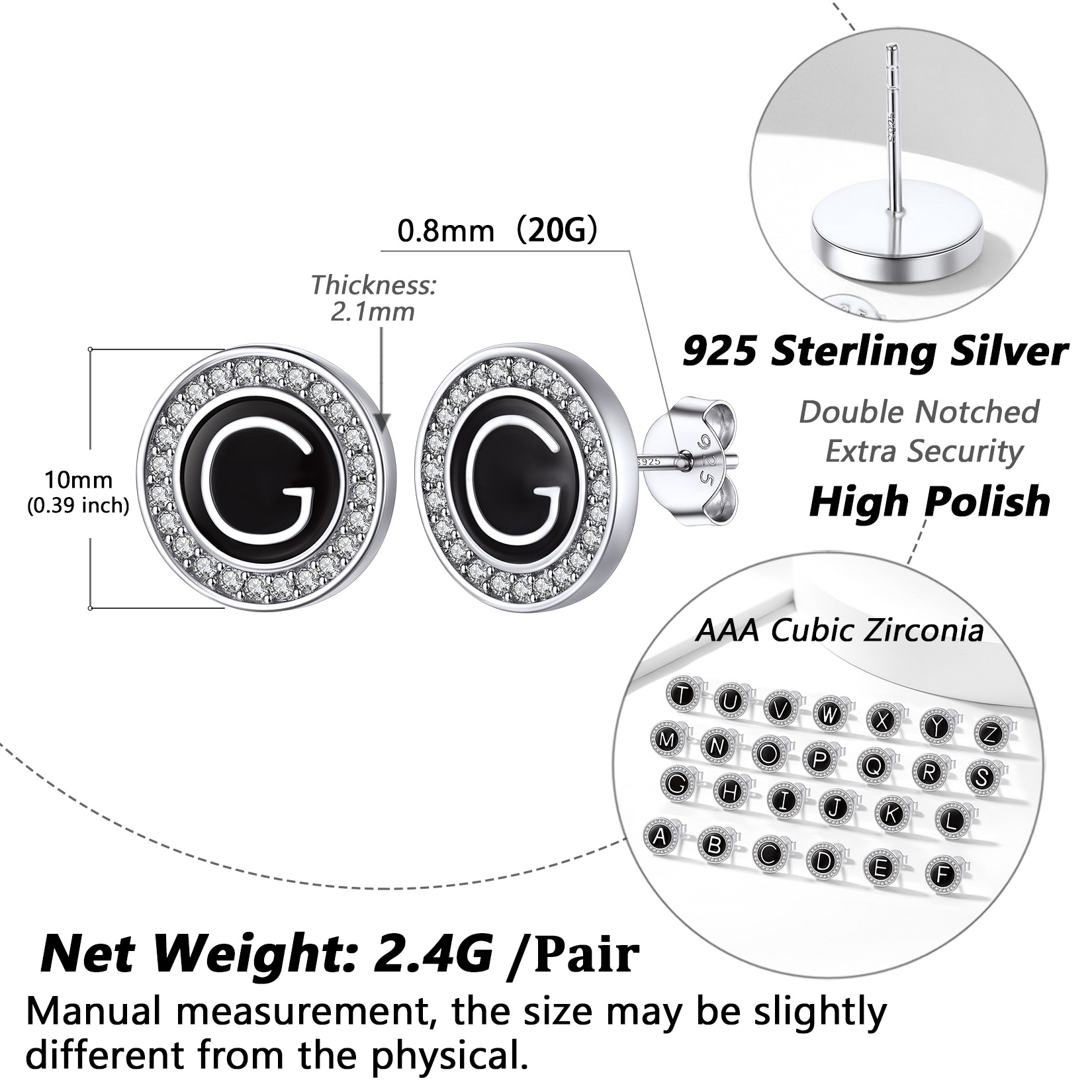 Mini A-Z Initial Letter Stud Earrings with Black Onyx Cubic Zirconia