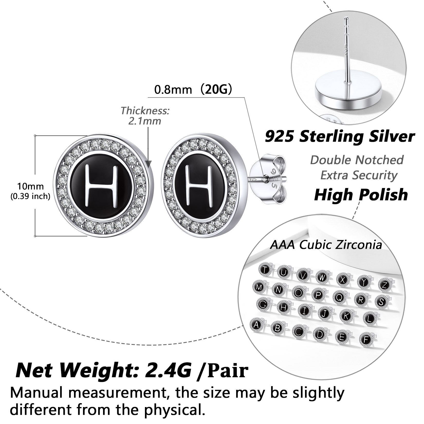 Mini A-Z Initial Letter Stud Earrings with Black Onyx Cubic Zirconia