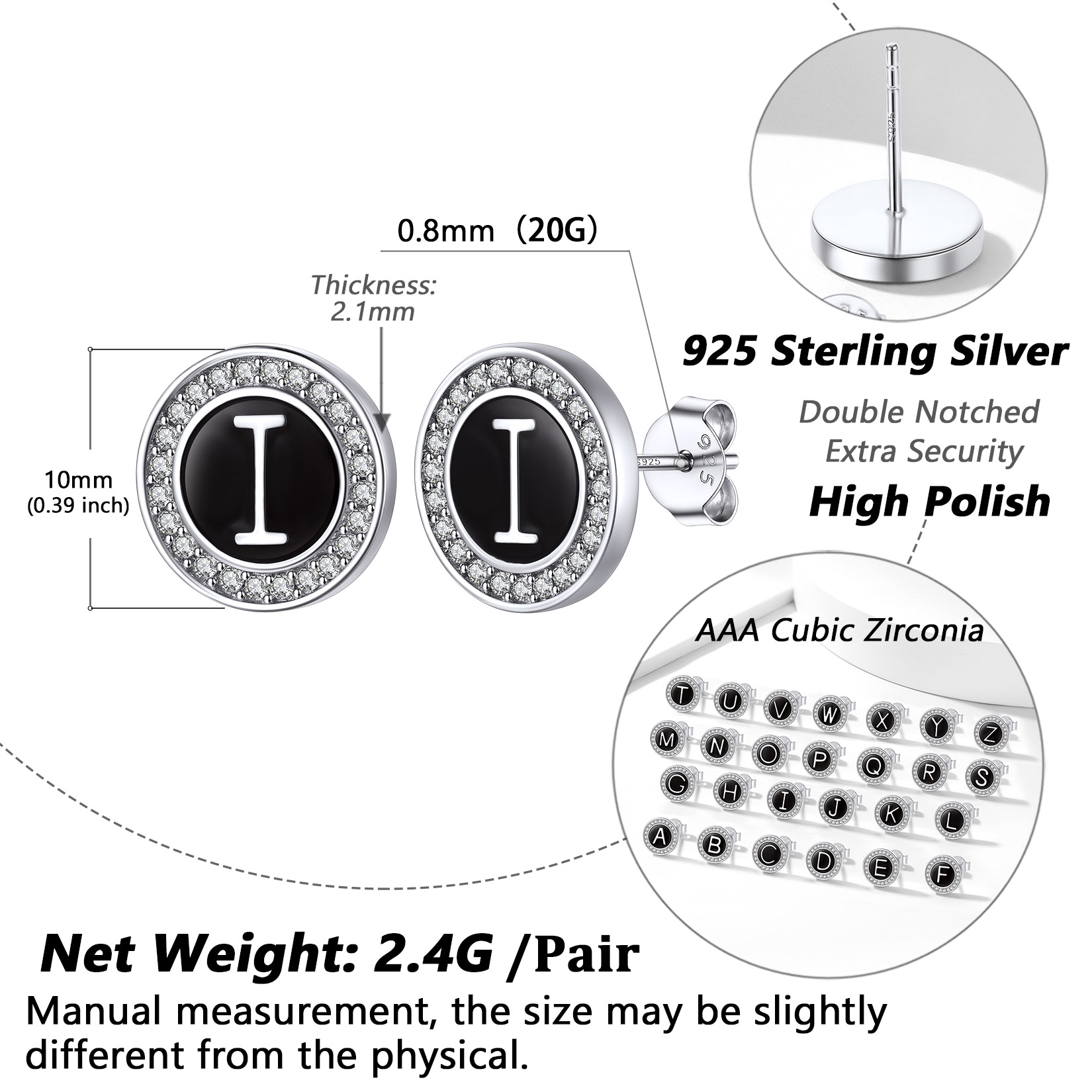 Mini A-Z Initial Letter Stud Earrings with Black Onyx Cubic Zirconia