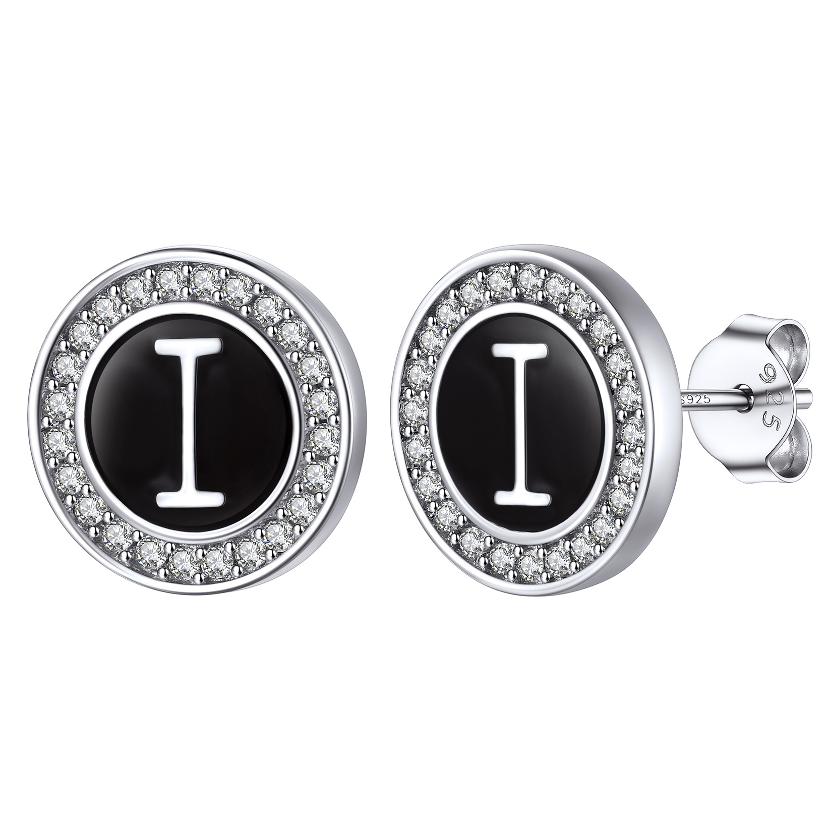 Mini A-Z Initial Letter Stud Earrings with Black Onyx Cubic Zirconia